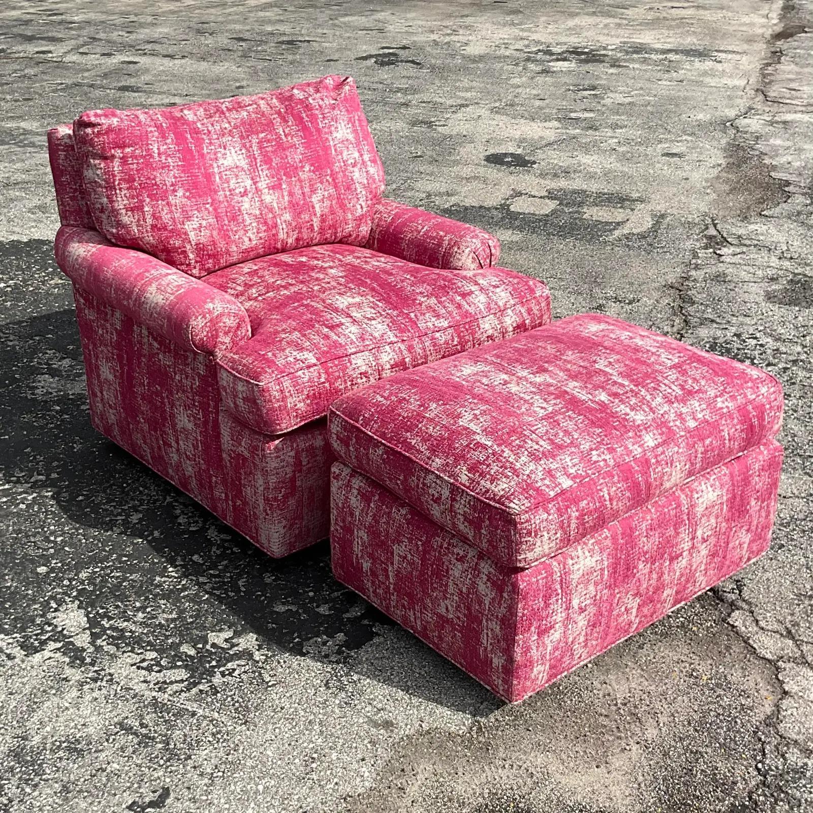 A fabulous vintage Boho lounge chair and ottoman set. Deep and wide design for maximum comfort. Brilliant hot pink color makes this set a real standout. Perfect reading chair. Acquired from a Palm Beach estate.