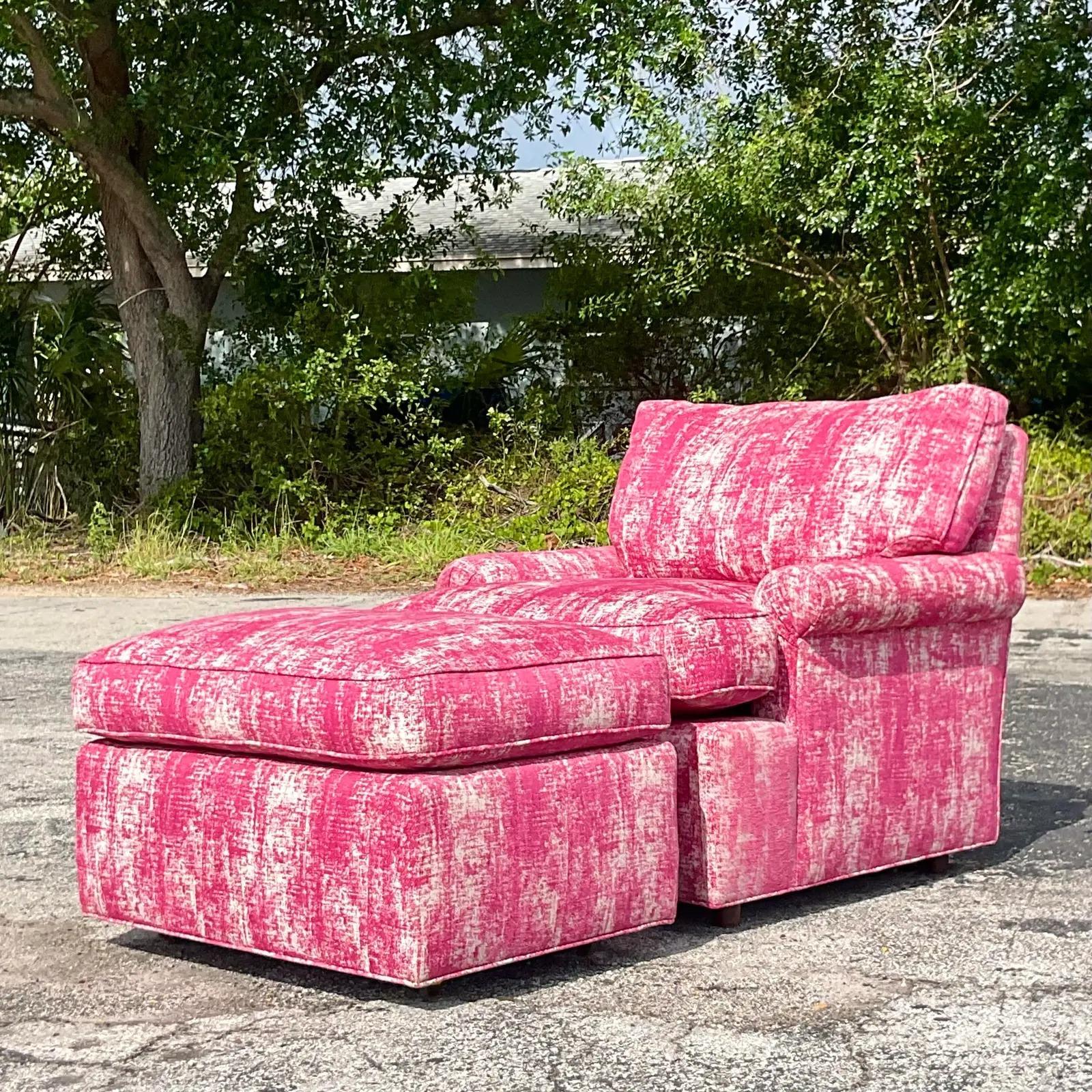 North American Vintage Boho Hot Pink Lounge Chair and Ottoman