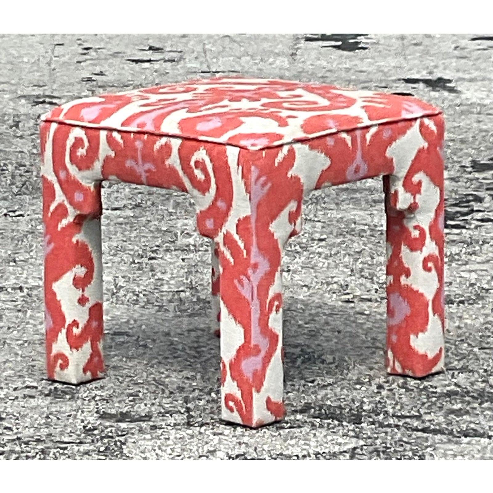 Bring a touch of coastal charm to your home with the Vintage Coastal Ikat Low Stool. Made in the USA, this stool features a vibrant Ikat pattern and sturdy design, offering both style and function with a relaxed American coastal vibe.