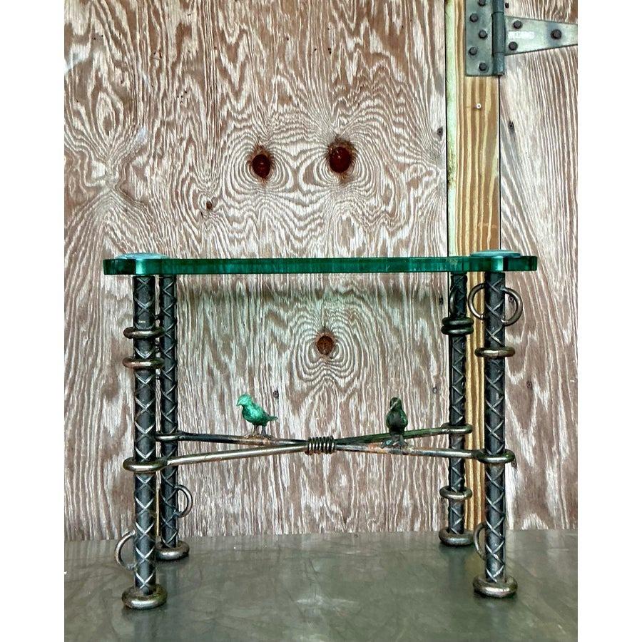Bronze Vintage Boho Ilana Goor Rebar Birds Side Table For Sale