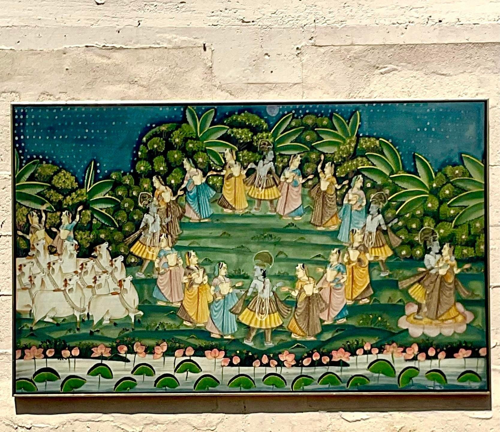 A stunning vintage Boho painting on silk. A chic storied Indian Pishwaa composition in brilliant rich colors. Extra goats for good luck! A beautiful addition to an home. Acquired from a Palm Beach estate.