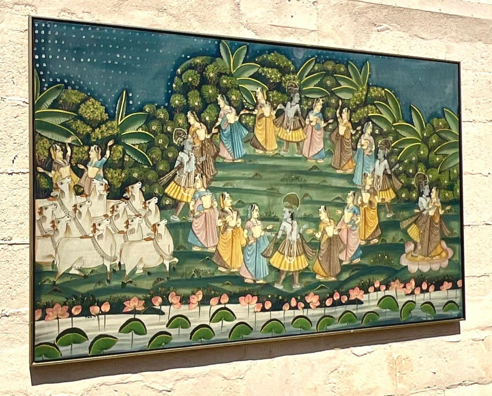 Vintage Boho Indian Pishwaa Painting on Silk In Good Condition In west palm beach, FL