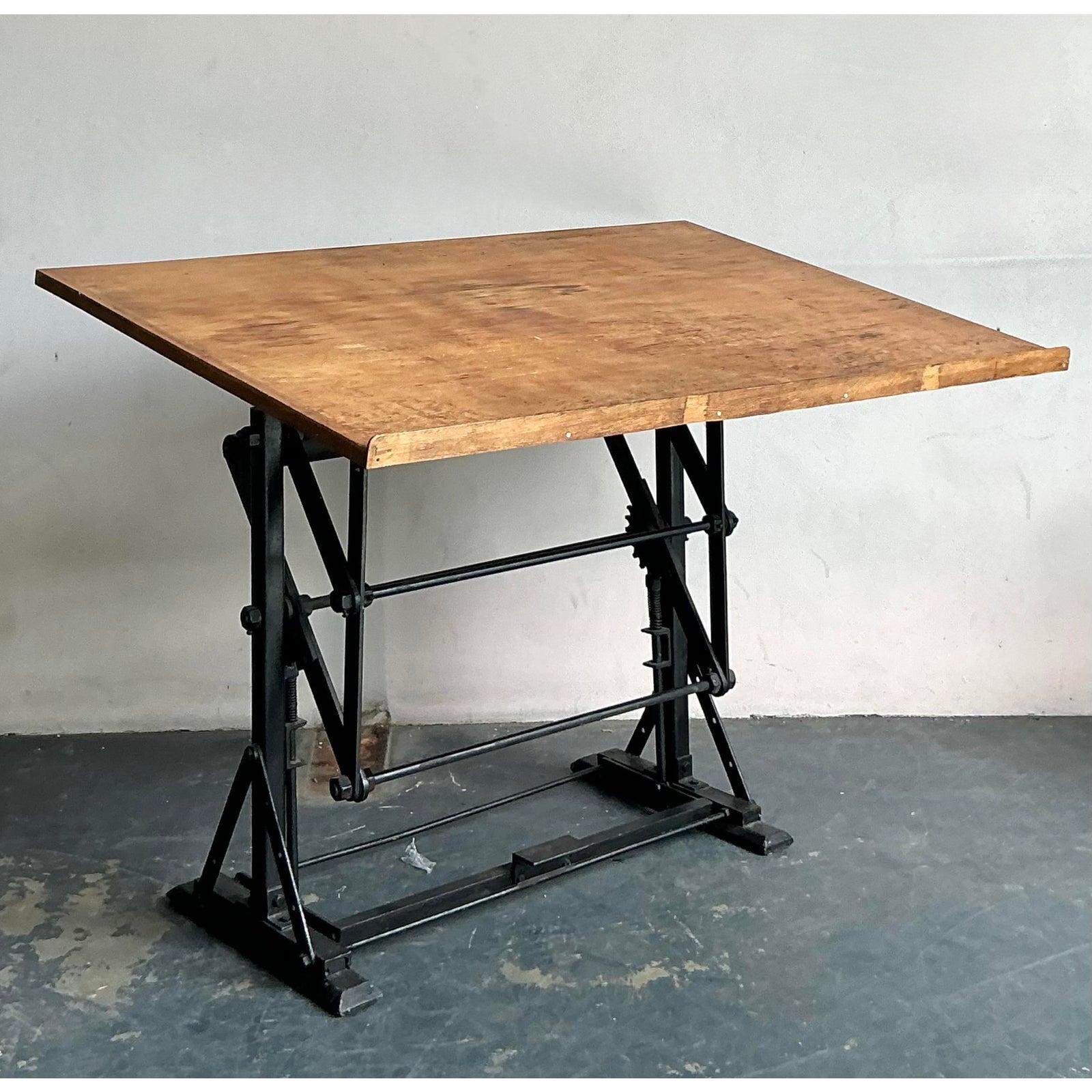 20th Century Vintage Boho Industrial Drafting Desk For Sale