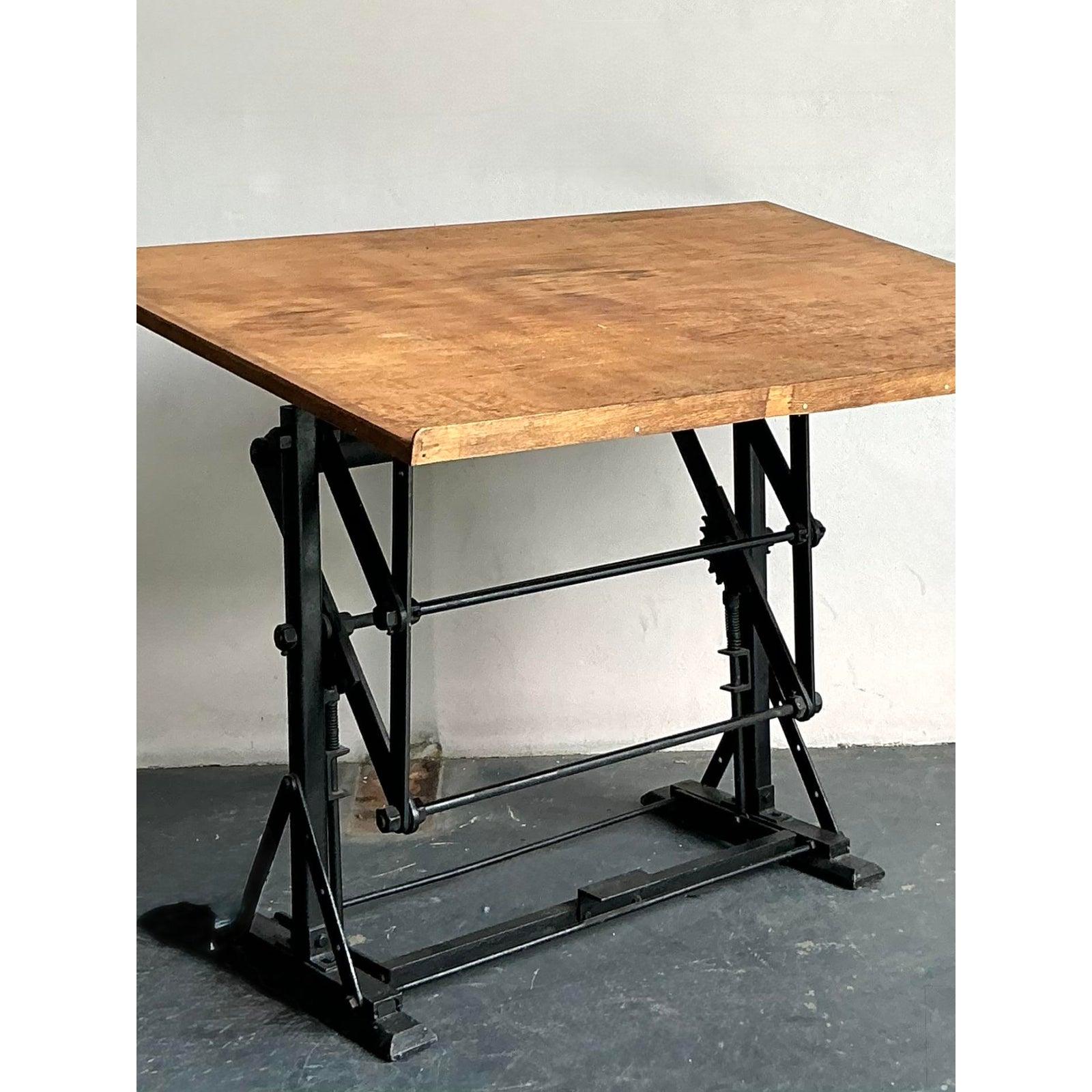 Iron Vintage Boho Industrial Drafting Desk For Sale