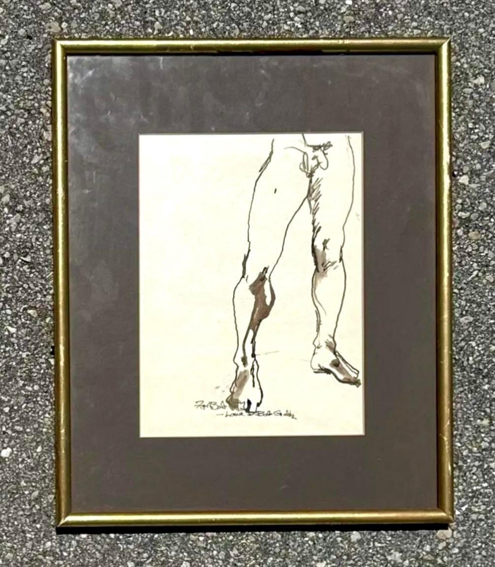 Erweitern Sie Ihre Kunstsammlung mit dieser Vintage Boho-Tuschezeichnung eines nackten Mannes auf Papier, signiert vom Künstler. Dieses bezaubernde Stück kombiniert kühne, ausdrucksstarke Linien mit einem böhmischen Flair und verleiht jedem Raum