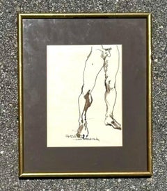 Vintage Boho Ink Drawing of Nude Man on Paper Signed