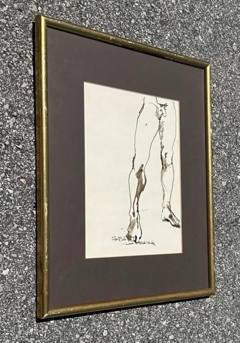 Vintage Boho-Tinte-Zeichnung eines nackten Mannes auf Papier, signiert (20. Jahrhundert) im Angebot