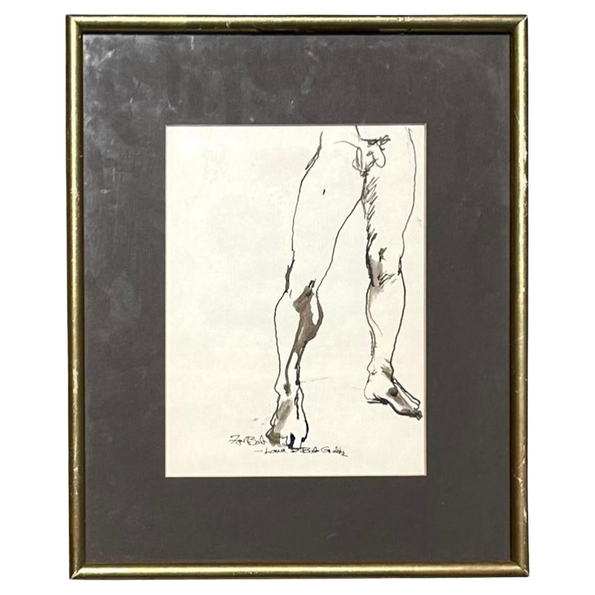 Vintage Boho Dibujo a Tinta de Hombre Desnudo sobre Papel Firmado