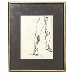 Vintage Boho Ink Drawing of Nude Man on Paper Signed