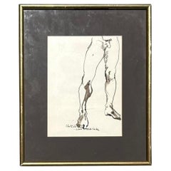 Vintage Boho-Tinte-Zeichnung eines nackten Mannes auf Papier, signiert