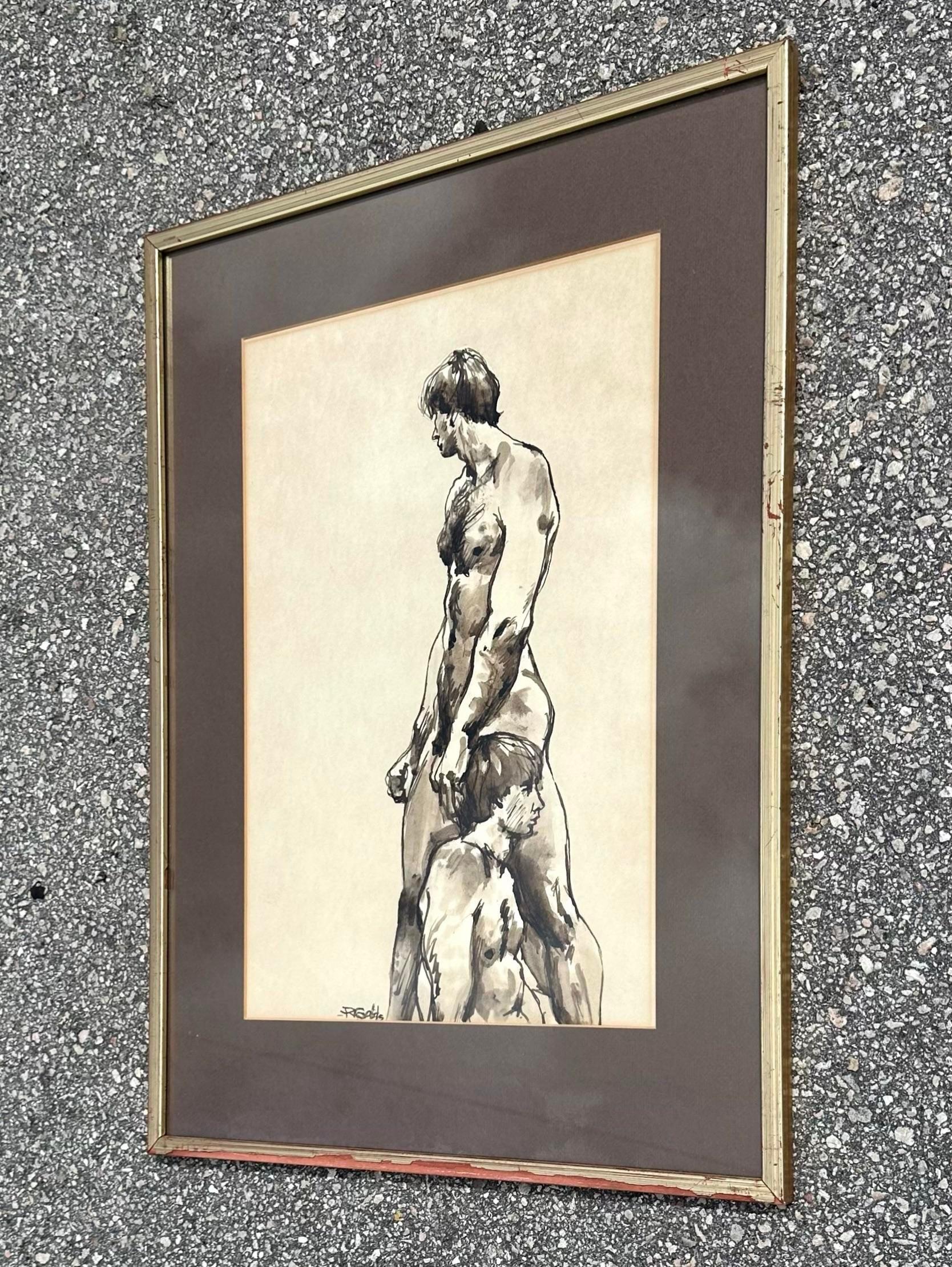 Vintage Boho-Tinte-Figurengemälde, signiert vom Künstler (Nordamerikanisch) im Angebot