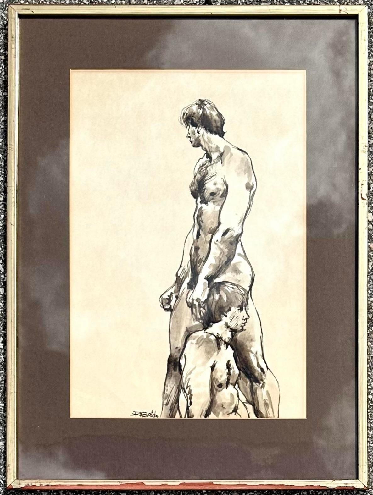 Vintage Boho-Tinte-Figurengemälde, signiert vom Künstler im Zustand „Gut“ im Angebot in west palm beach, FL
