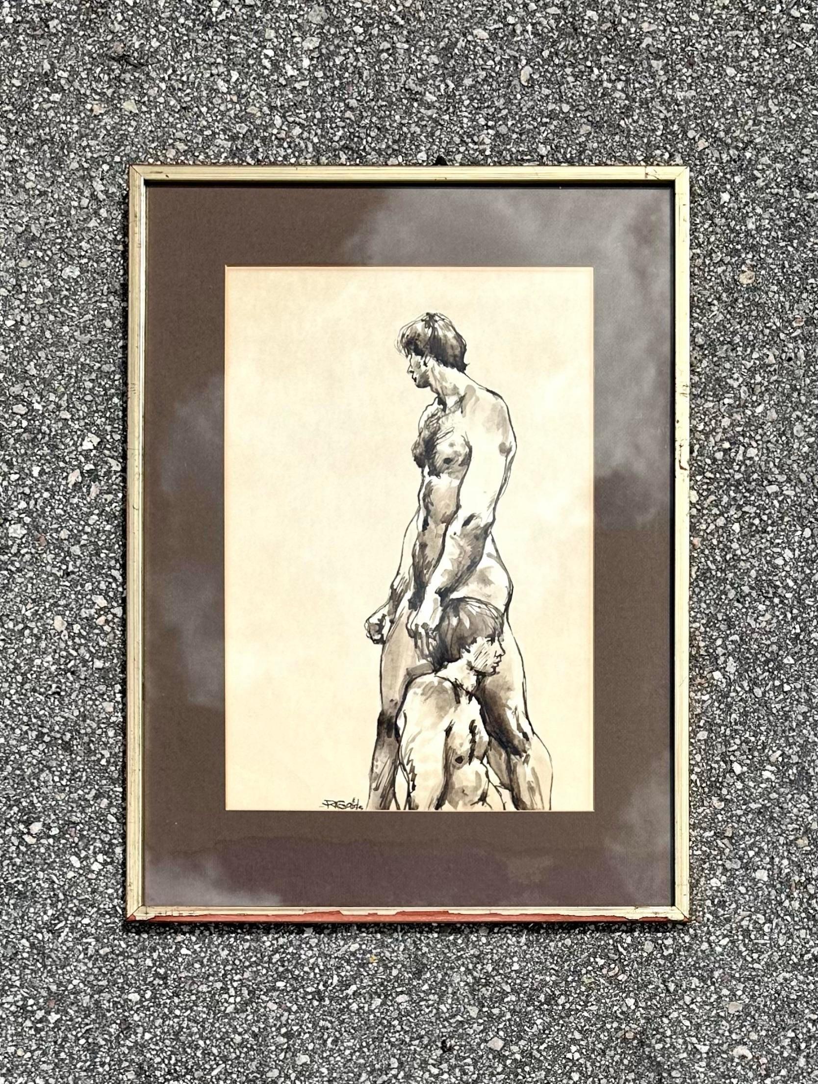 Vintage Boho-Tinte-Figurengemälde, signiert vom Künstler (20. Jahrhundert) im Angebot