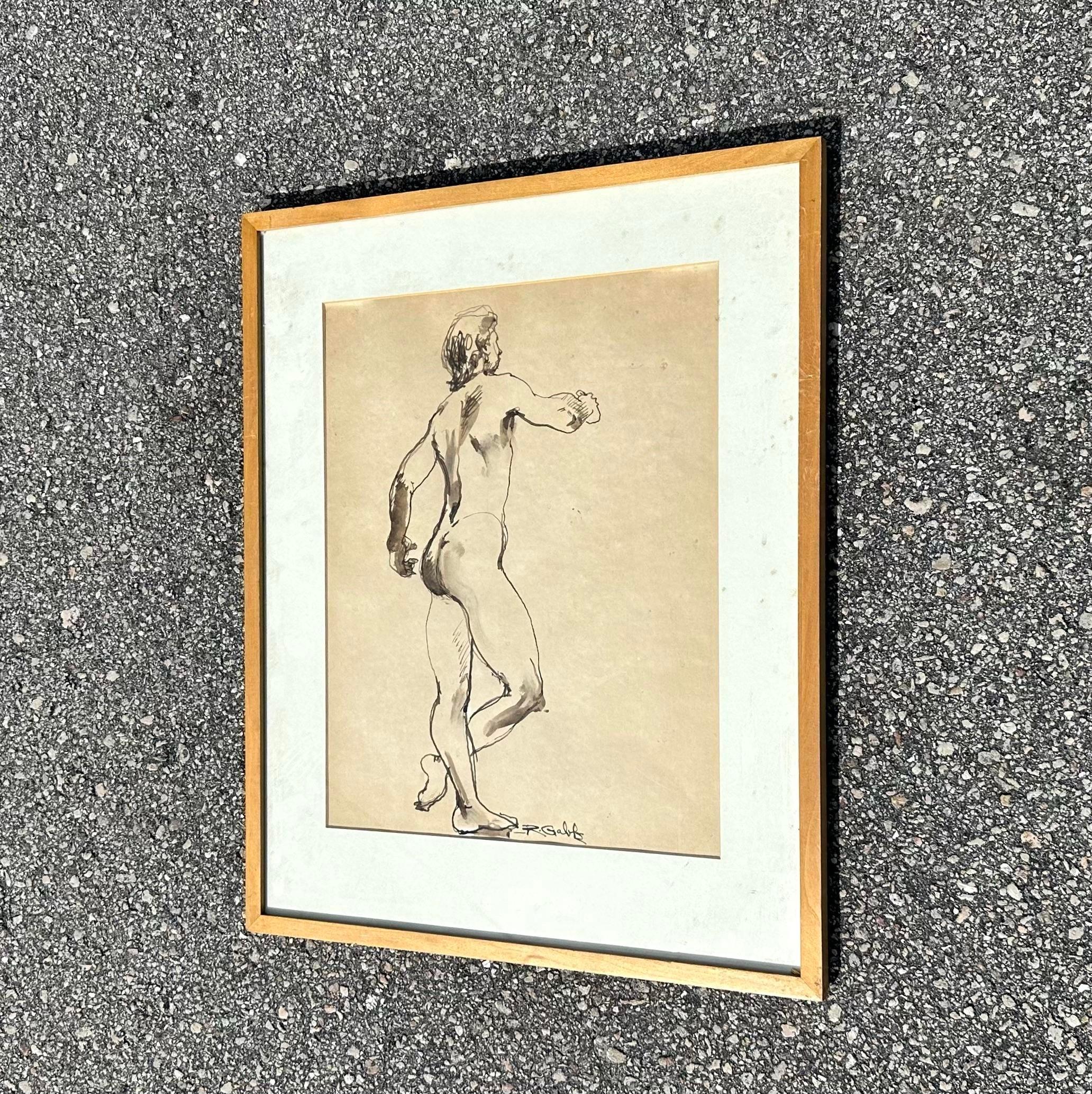 Ce magnifique dessin au trait minimaliste représente un homme nu, le dos tourné et les jambes croisées. L'ajout subtil de couleur havane sur un fond blanc constitue un ajout artistique de bon goût à un espace. Acquis d'une propriété de Palm Beach. 