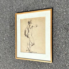 Vintage Boho Ink Line Drawing on Paper of Nude Man