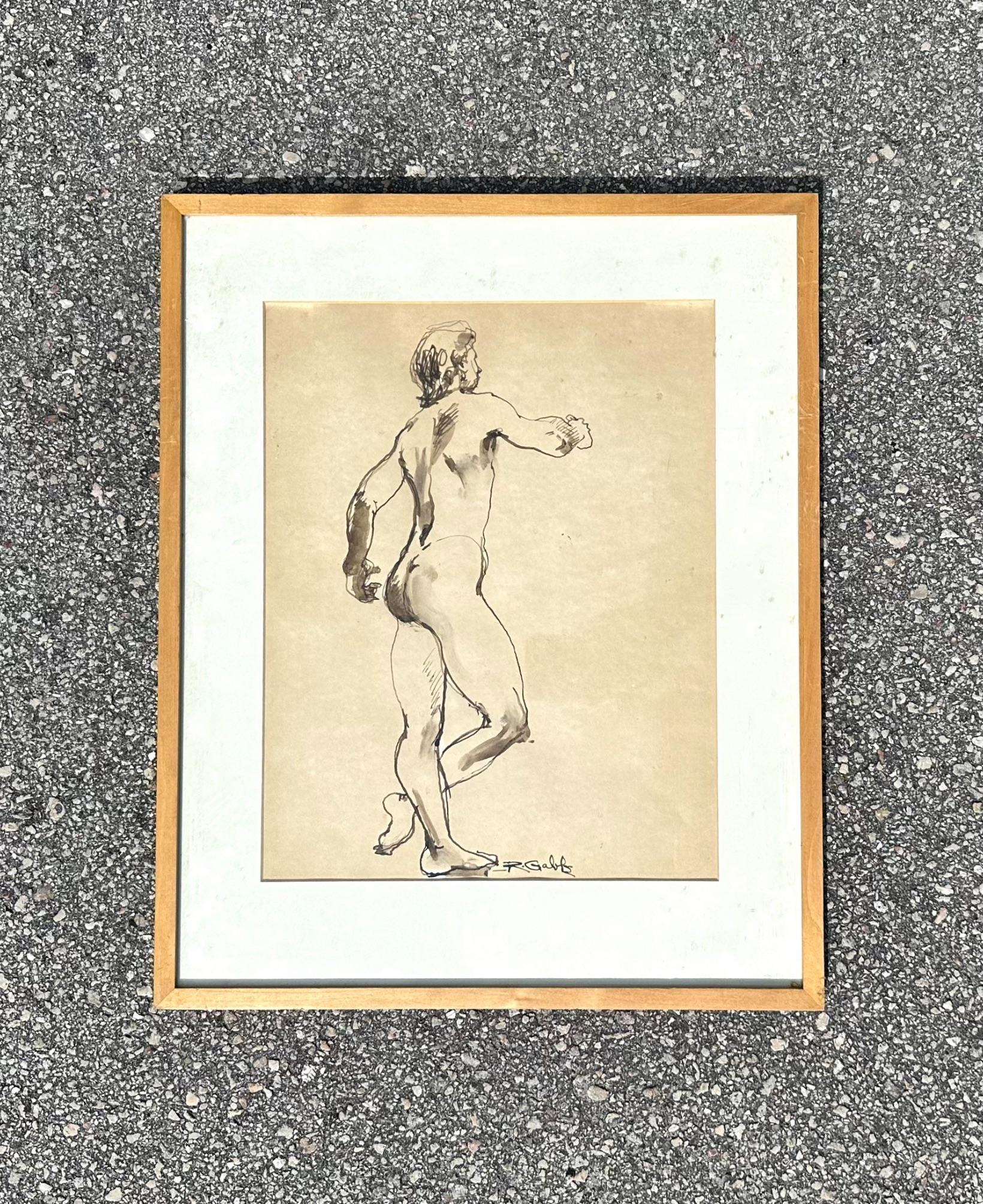 Dessin Boho à l'encre sur papier d'un homme nu Bon état - En vente à west palm beach, FL