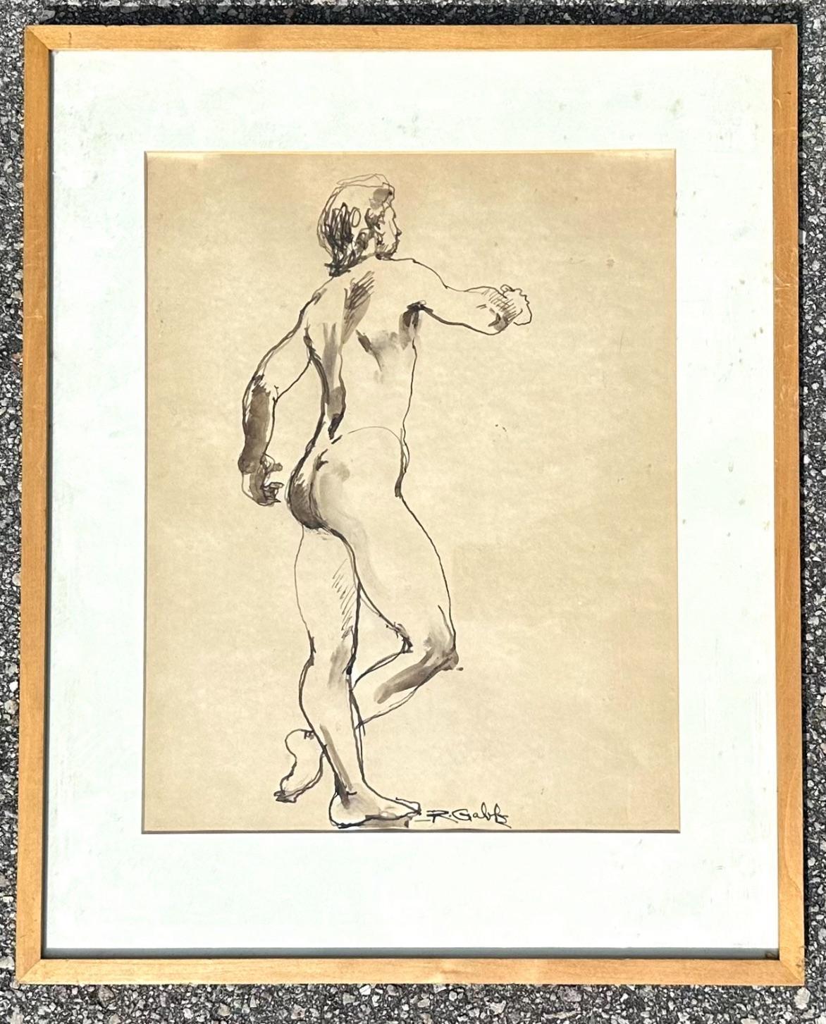 20ième siècle Dessin Boho à l'encre sur papier d'un homme nu en vente
