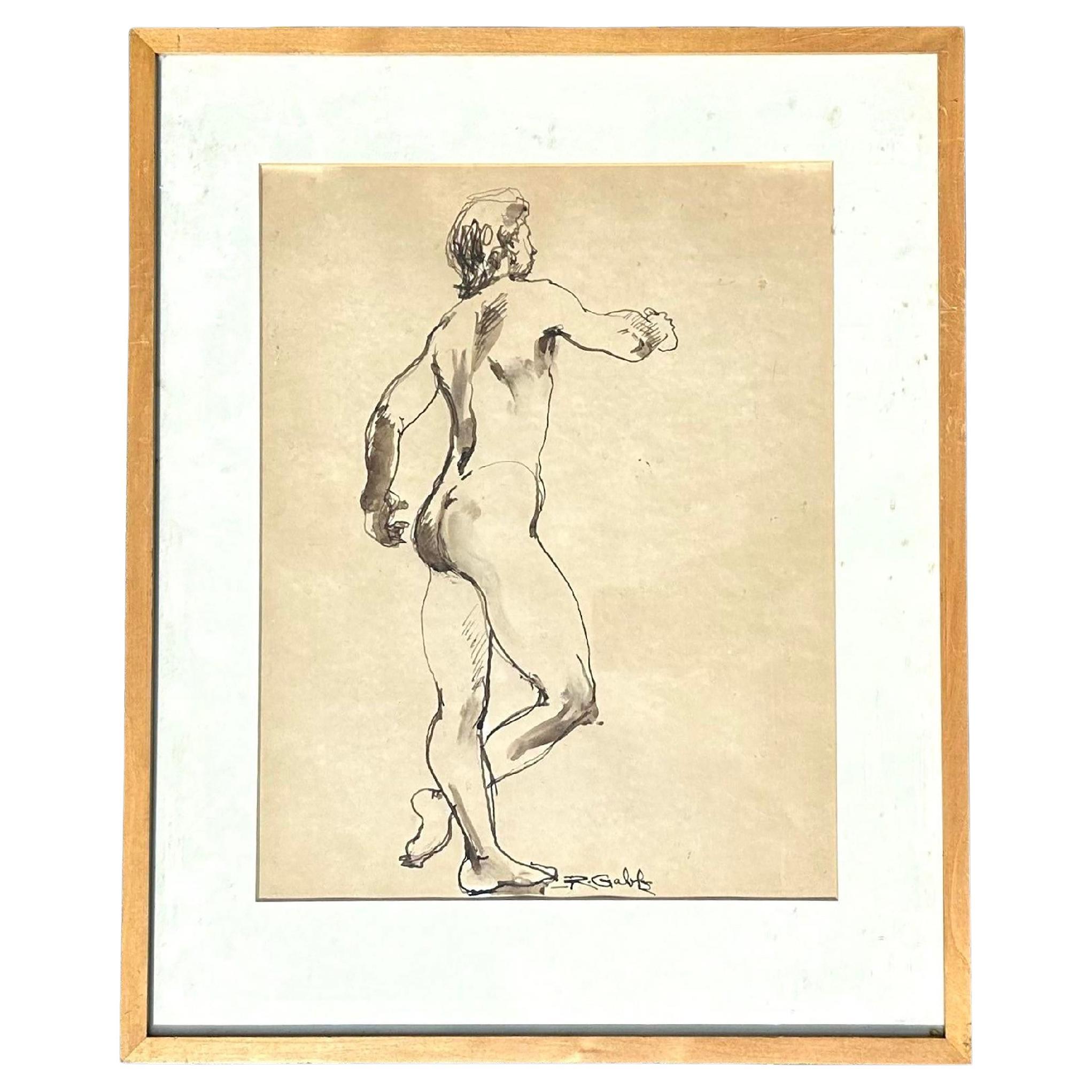 Vintage Boho Ink Line Drawing on Paper of Nude Man