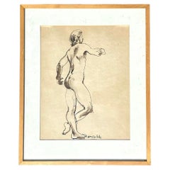 Vintage Boho Dibujo Lineal en Tinta sobre Papel de Hombre Desnudo