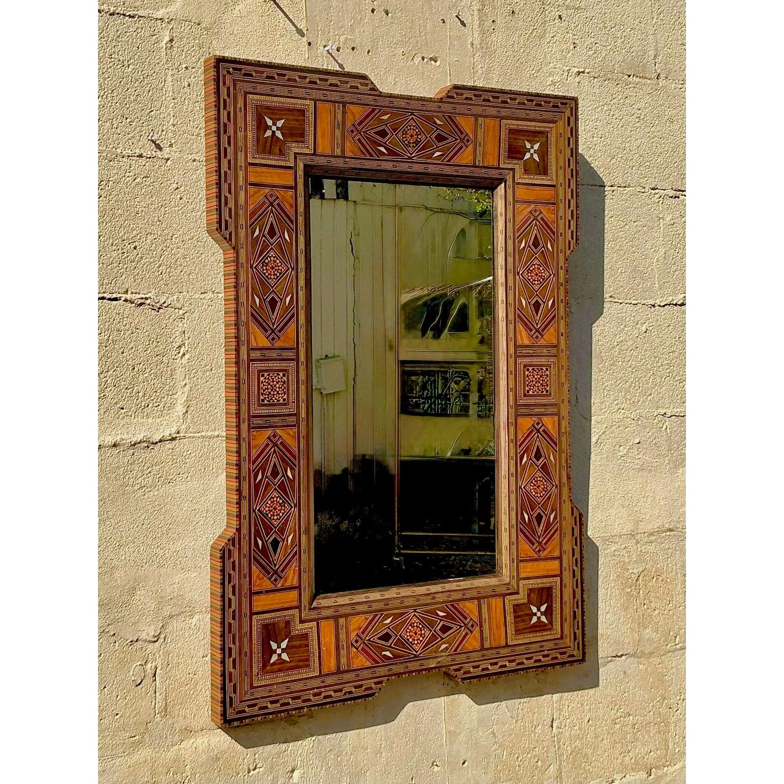 Miroir Boho vintage avec incrustation Bon état - En vente à west palm beach, FL