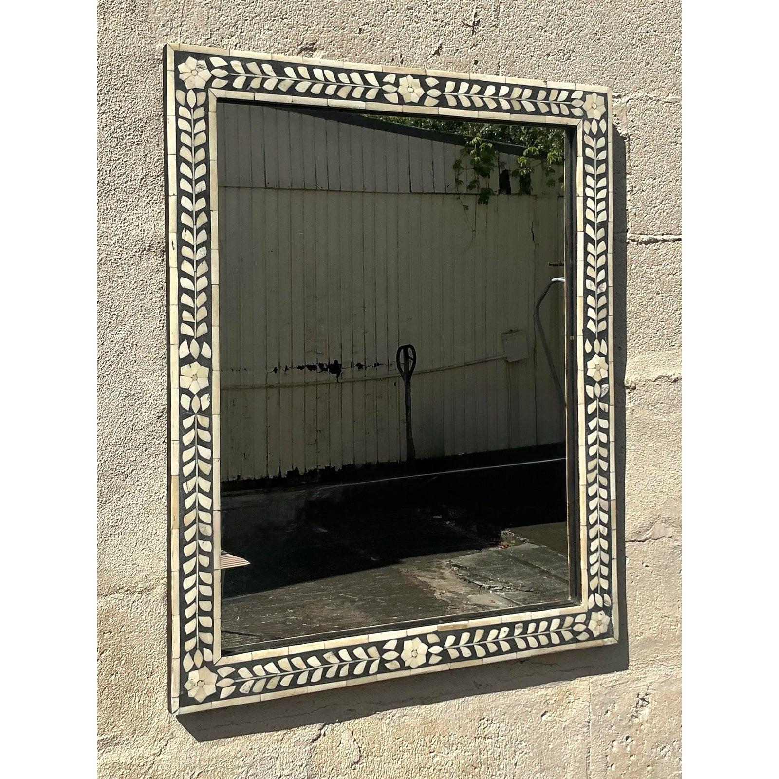 20ième siècle Miroir Boho vintage avec incrustation en vente