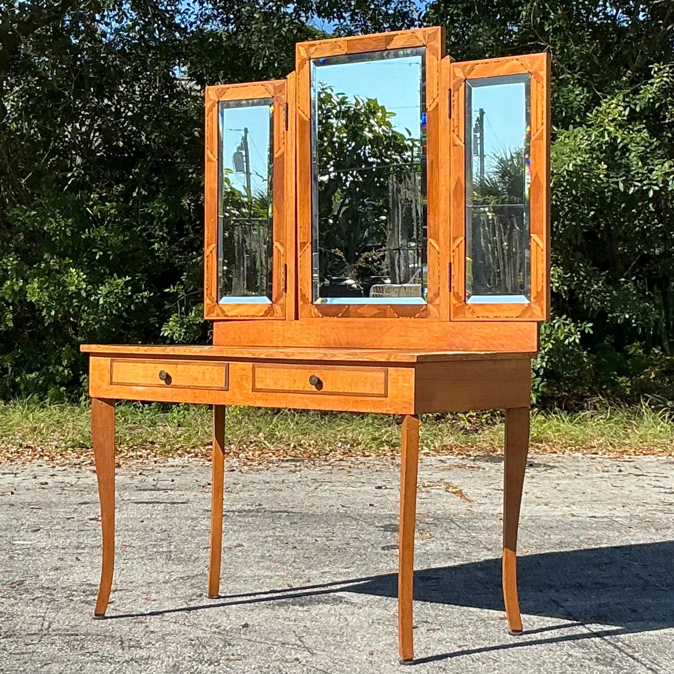 Vanità a specchio con intarsi boho vintage 1