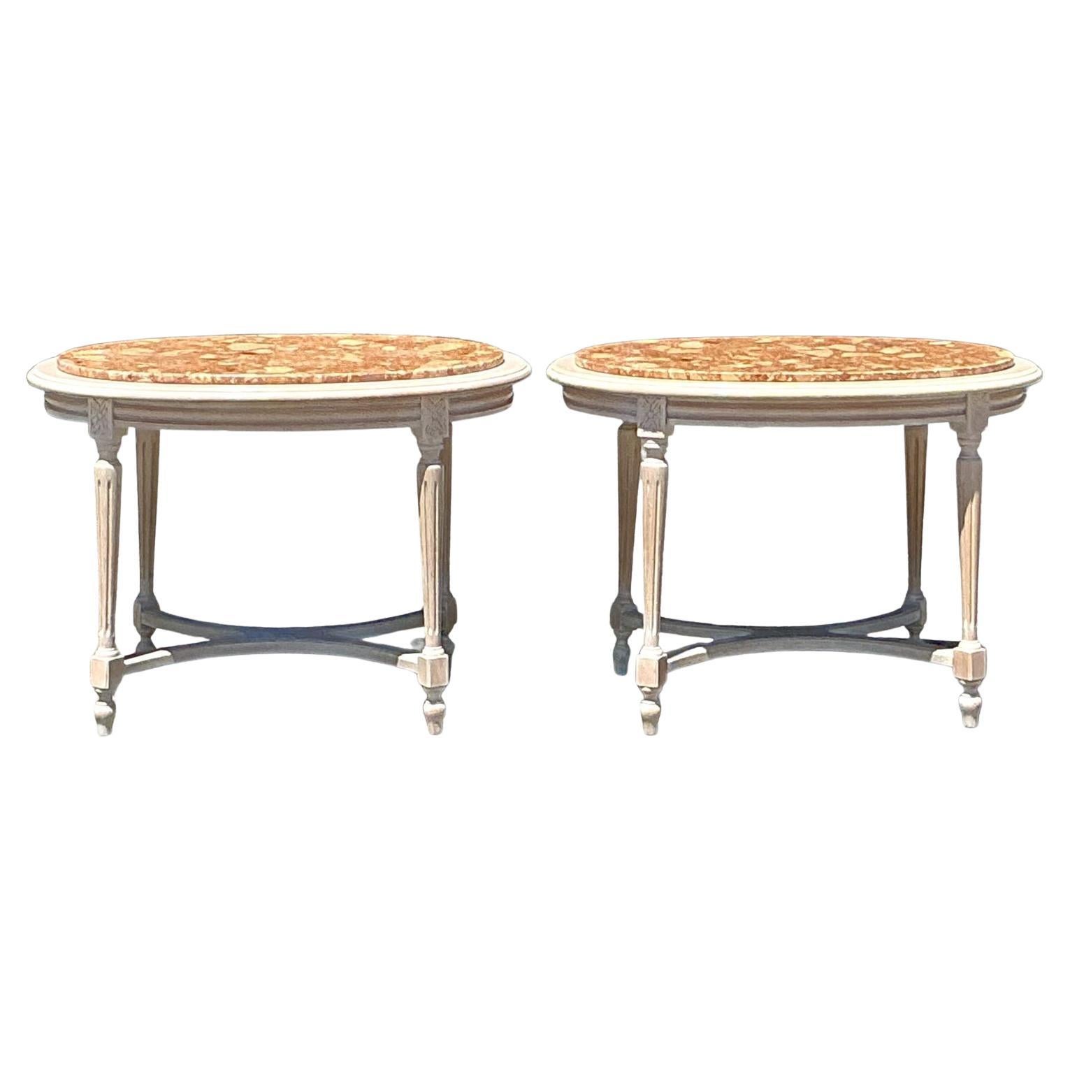 Pareja de mesas auxiliares vintage boho de piedra insertada