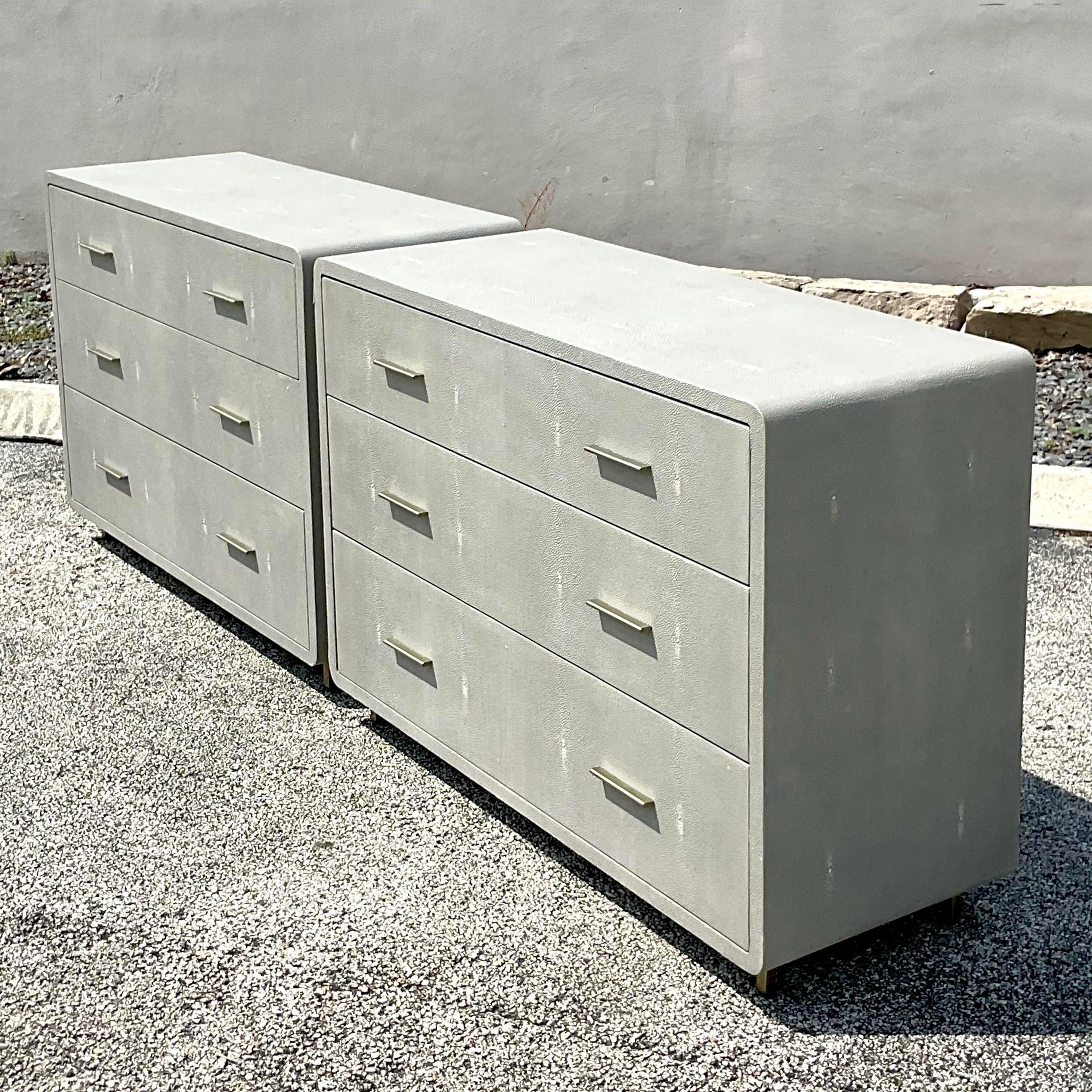 Chrome Vintage Boho Interlude “Calypso” Faux Shagreen Chest Zoe Drawers For Sale
