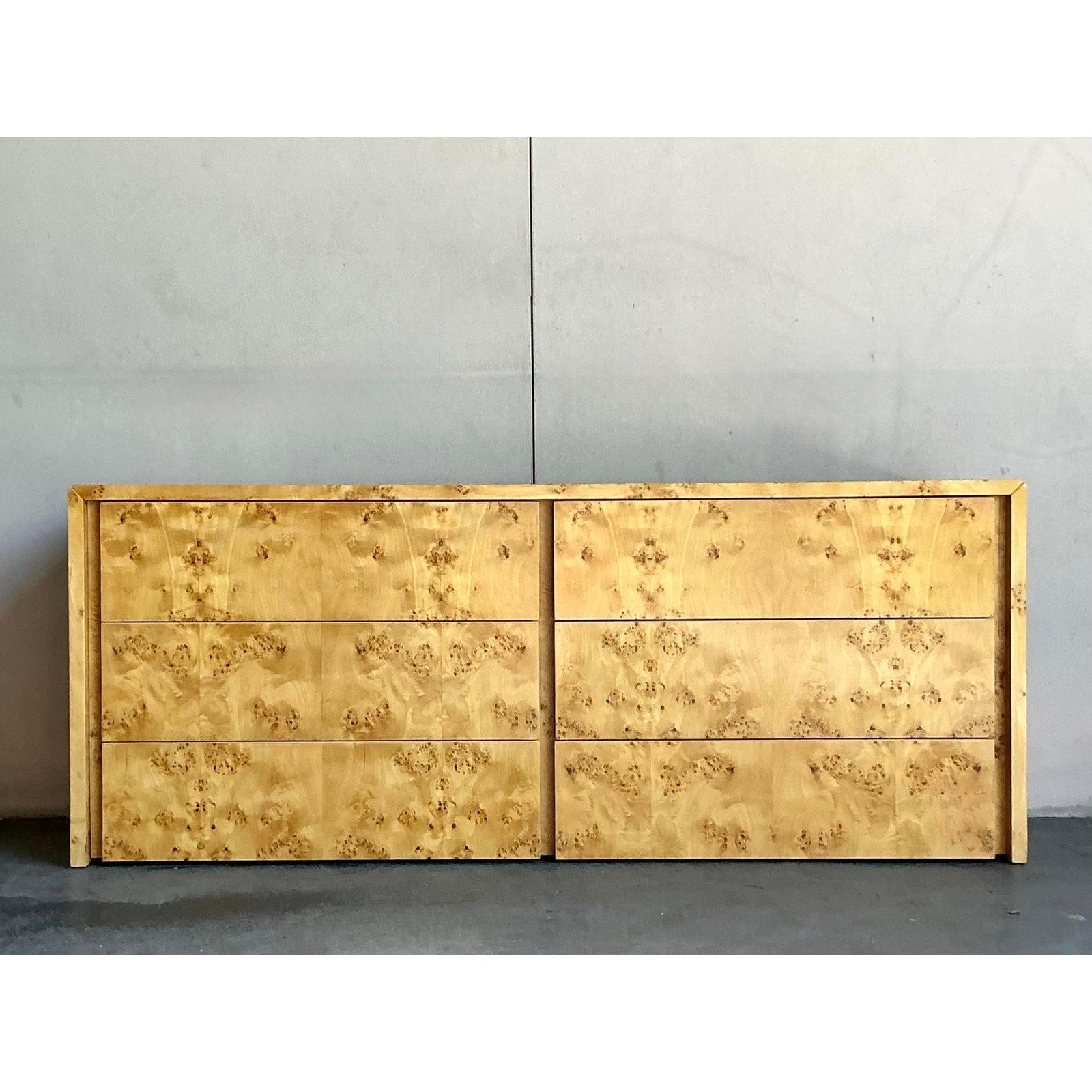 Hollywood Regency Vintage Boho Intrex Burl Wood Dresser For Sale