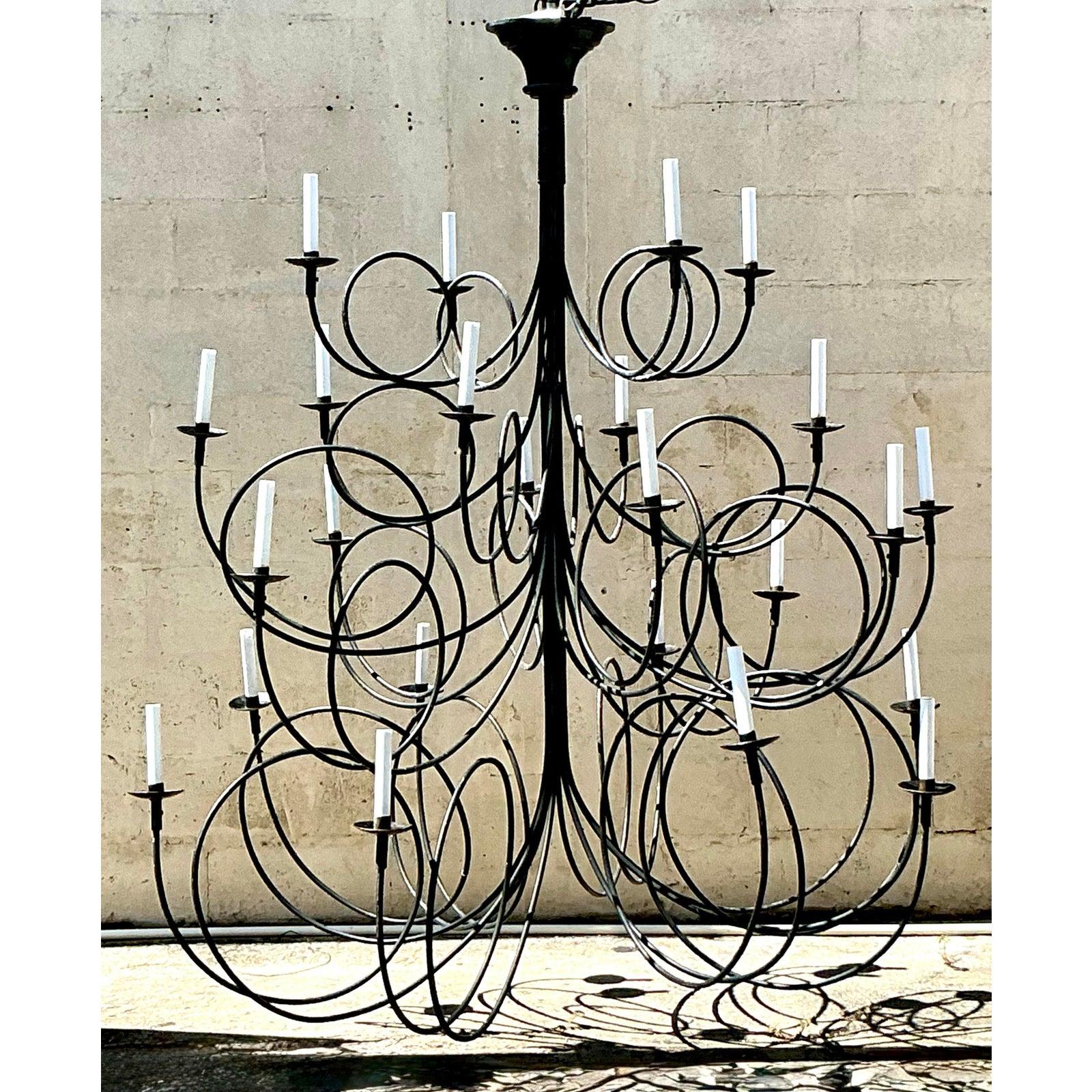 American Vintage Boho Iron Loop Chandelier For Sale