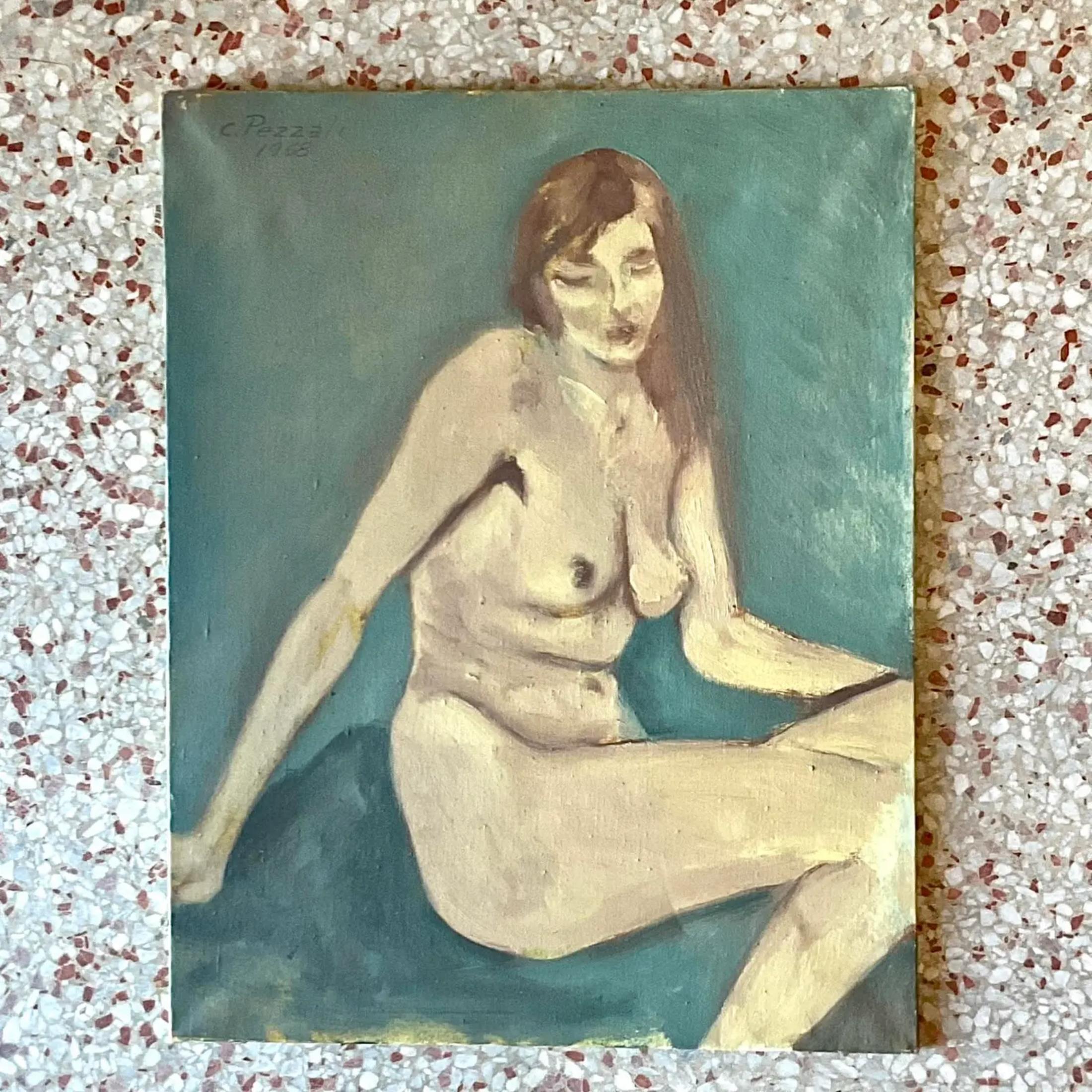 A stunning vintage Boho original oil on canvas. A chic Italian 1960s painting signed by the artist. An Abstract Figural composition in deep muted colors. Acquired from a Palm Beach estate