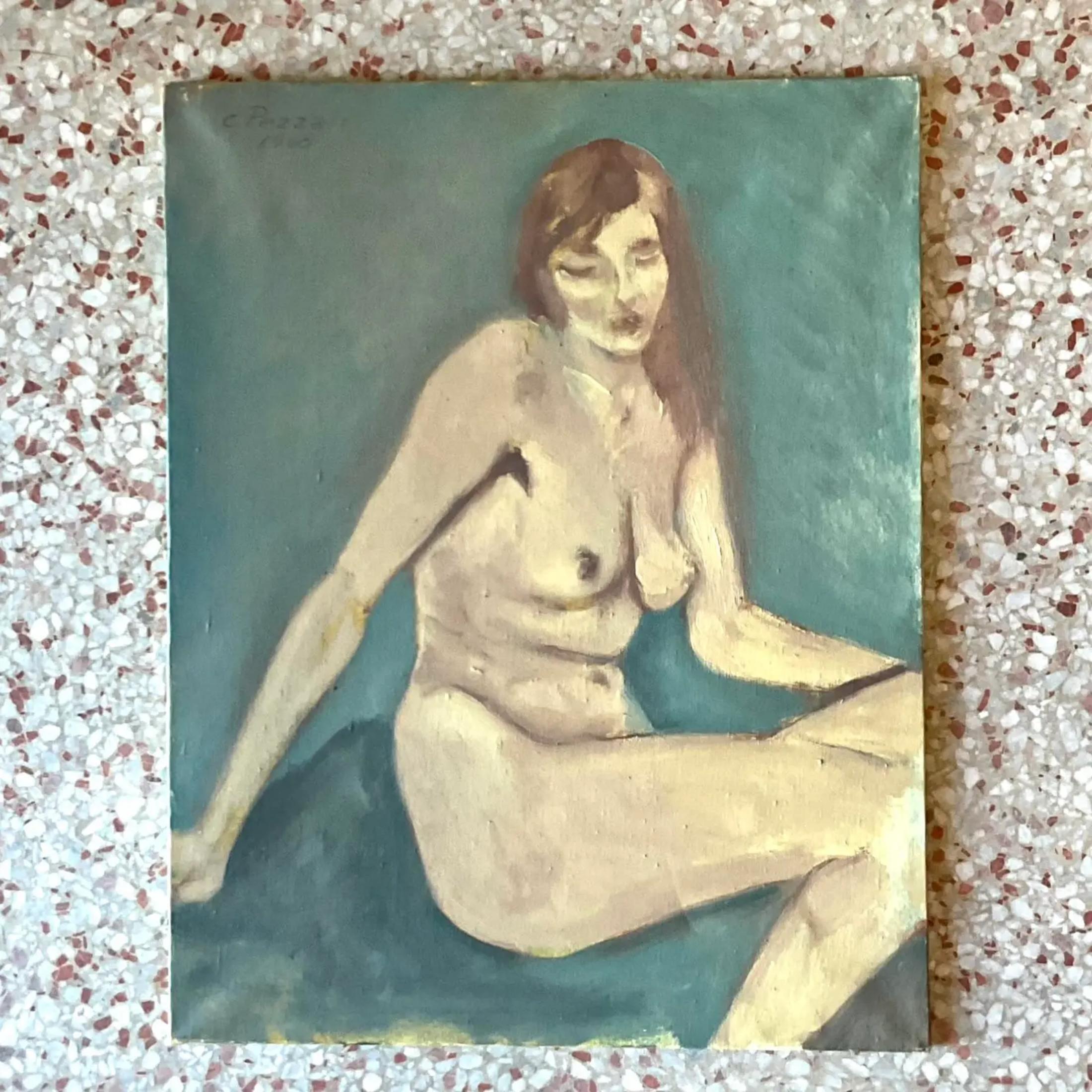 Mid-20th Century Vintage Boho Italian 1960s Abstract Figural Nude Original Oil on Canvas For Sale