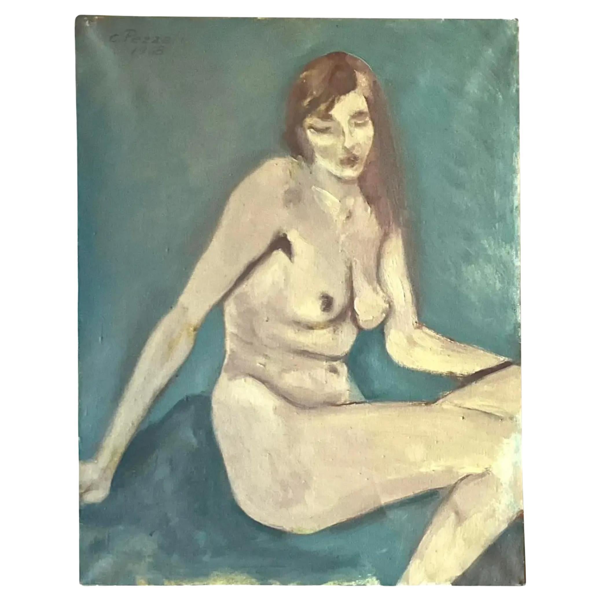 Vintage Boho Italian 1960s Abstract Figural Nude Original Oil on Canvas For Sale