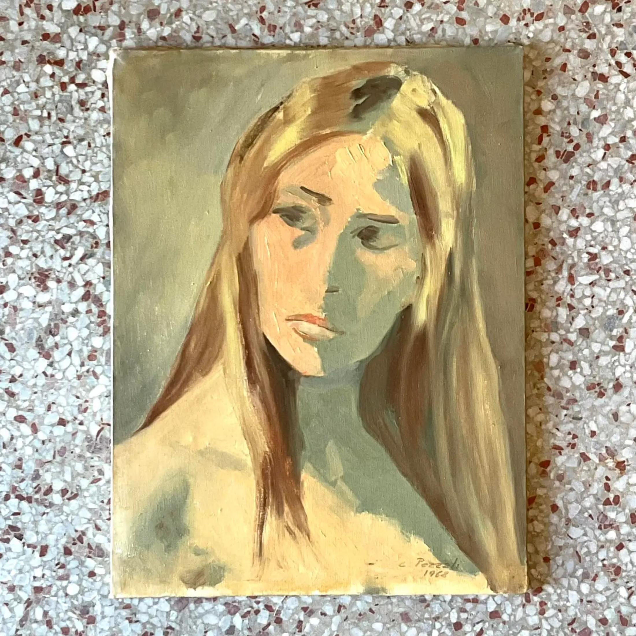 A fantastic vintage Coastal original oil painting on canvas. A chic 1960s Italian work signed by the artist. An Abstract Figural portrait in soft neutral colors. Acquired from a Palm Beach estate