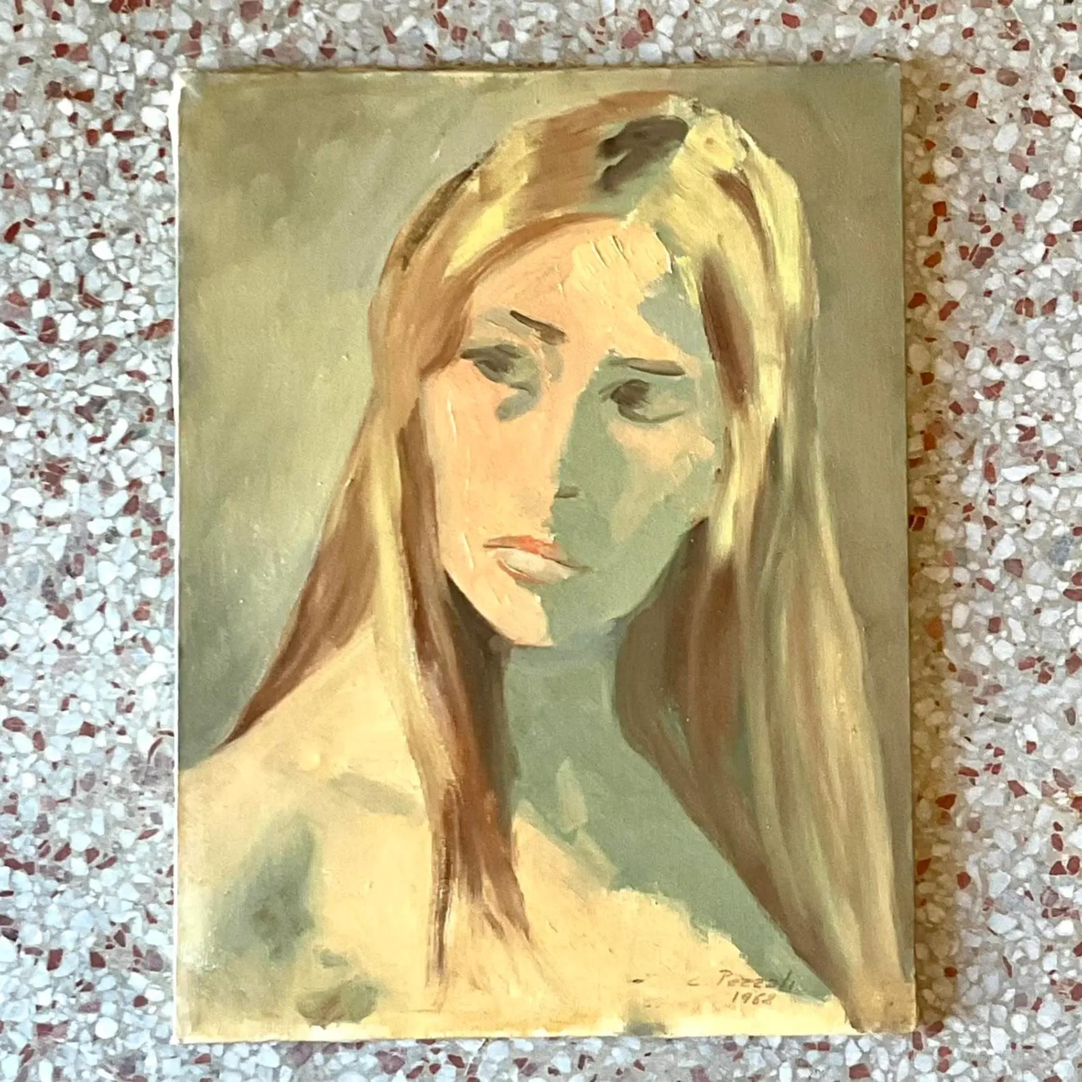 Vintage Boho Italian 1960s Original Oil Portrait on Canvas In Good Condition For Sale In west palm beach, FL