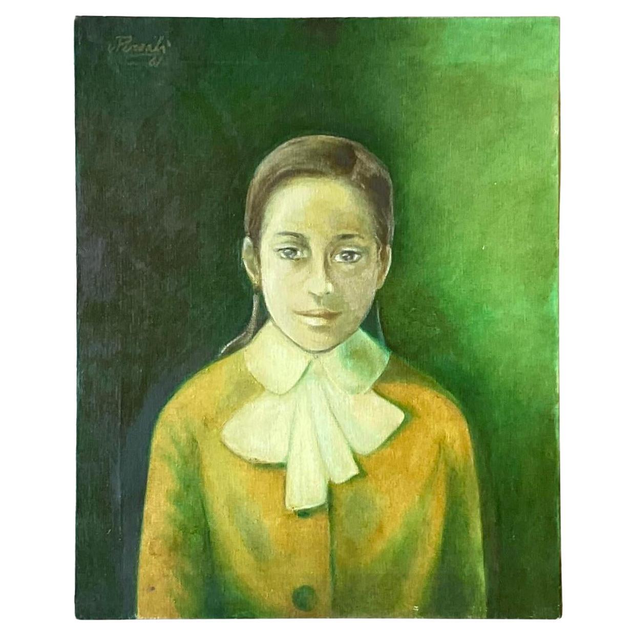 Portrait à l'huile original du style Boho italien des années 1960 sur toile