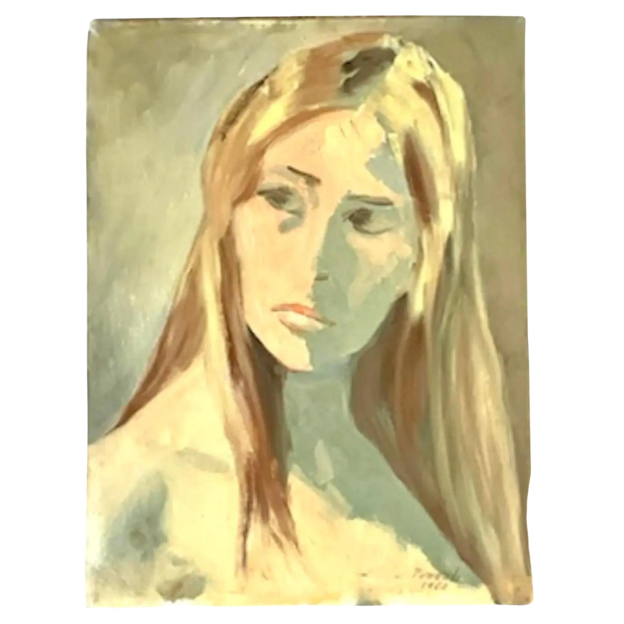 Portrait à l'huile original du style Boho italien des années 1960 sur toile