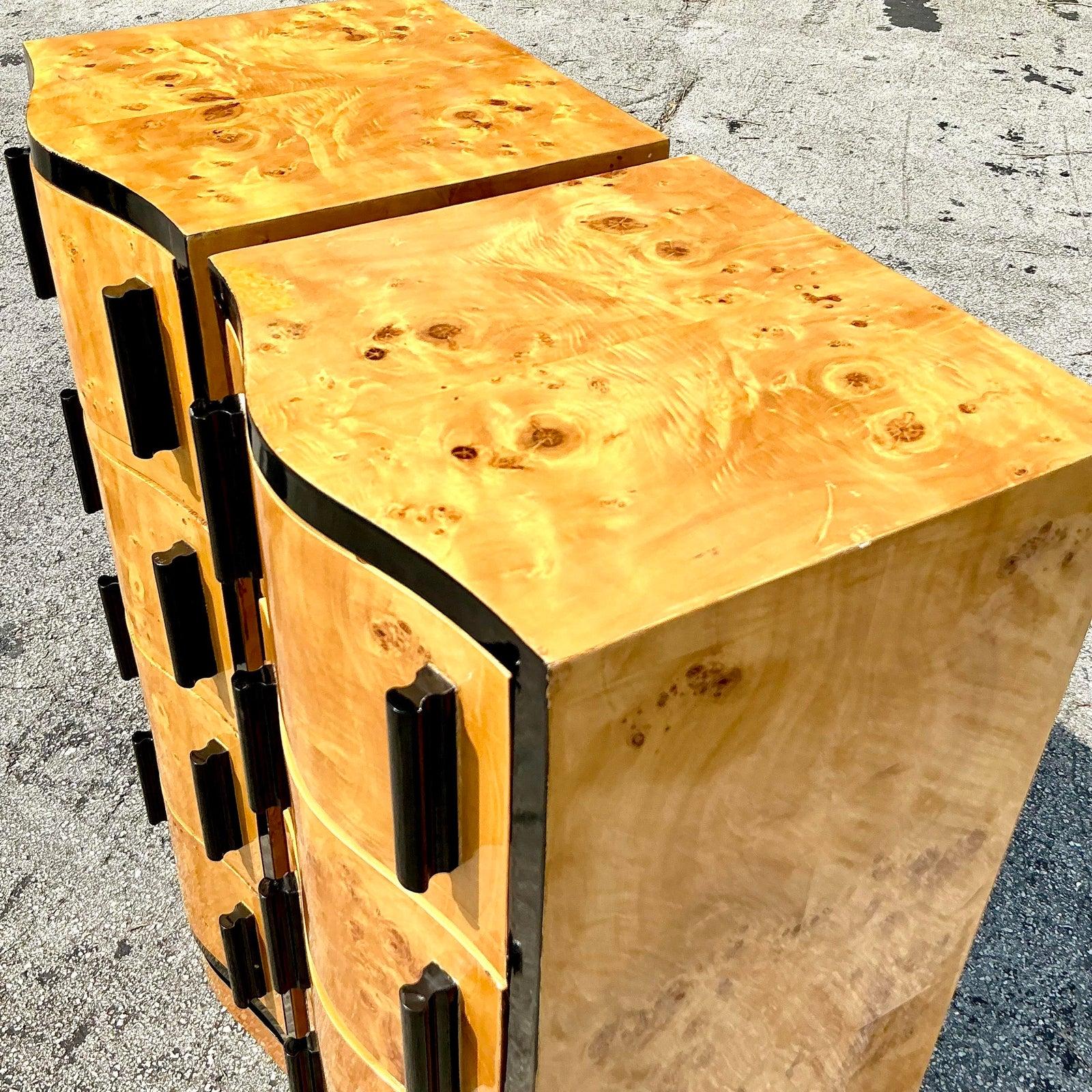 Vintage Boho Italian Burl Wood Chest of Drawers – A pair of stunning, handcrafted pieces with rich burl wood grain patterns. These chests blend bohemian charm with Italian craftsmanship, offering both style and storage with a warm, organic vibe