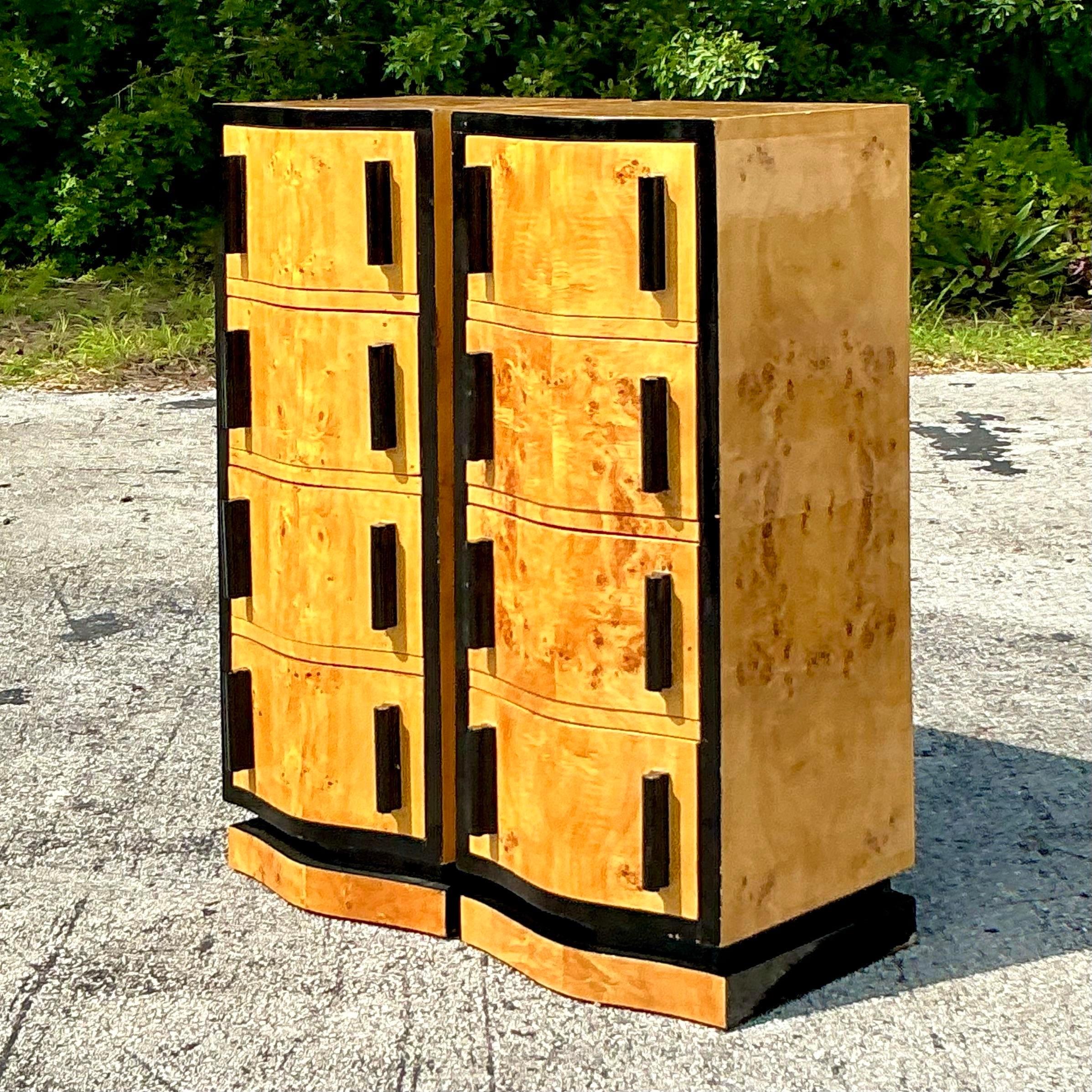 Vintage Boho Italian Burl Wood Chest of Drawers - a Pair In Good Condition For Sale In west palm beach, FL