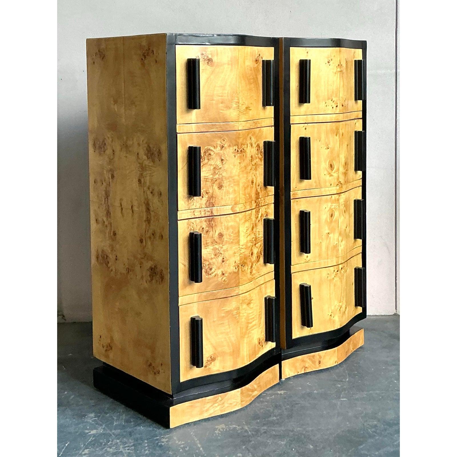 Vintage Boho Italian Burl Wood Chest of Drawers - a Pair In Good Condition For Sale In West Palm Beach, FL