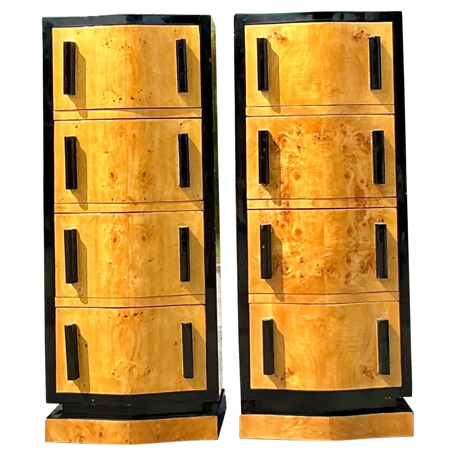 Vintage Boho Italian Burl Wood Chest of Drawers - a Pair