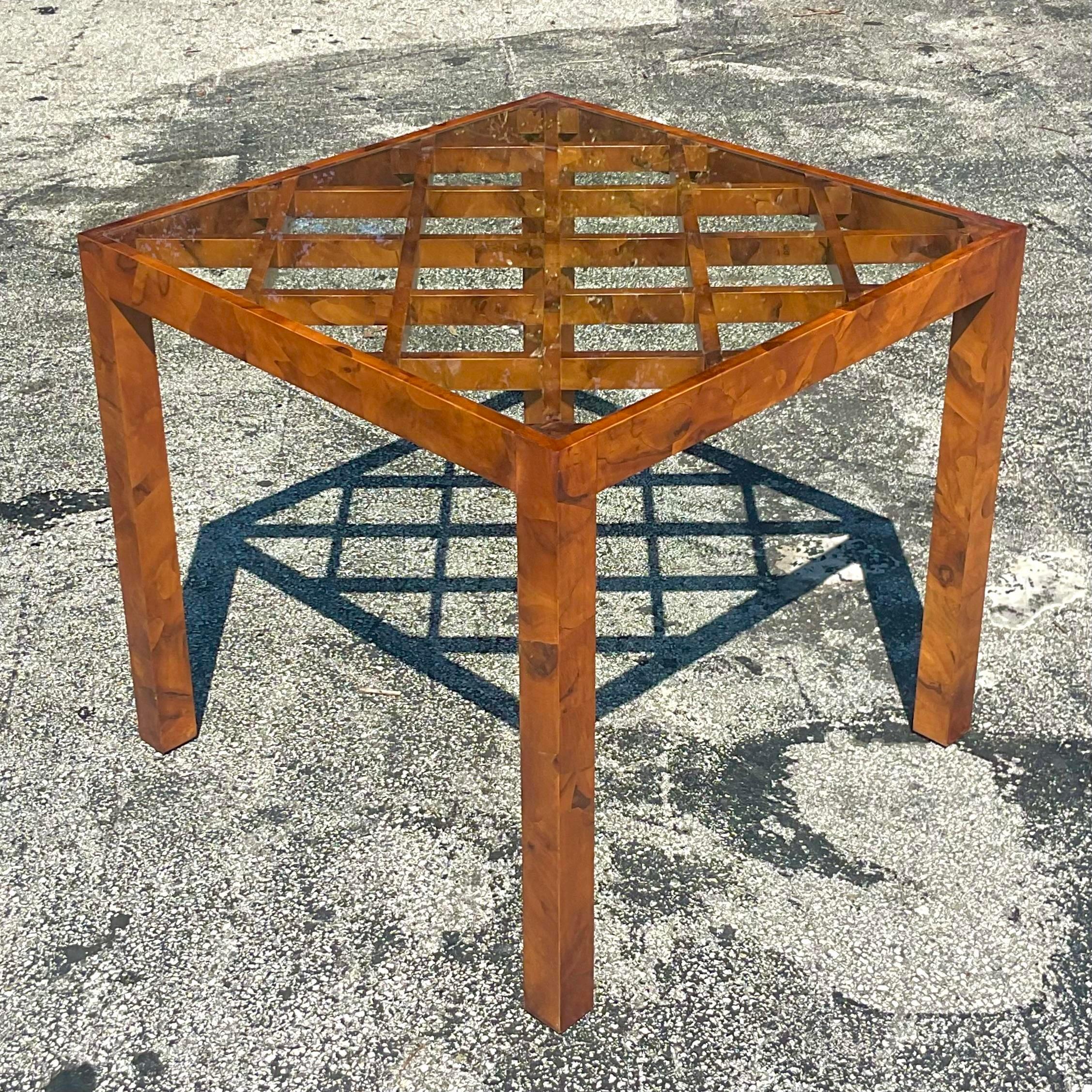 A fabulous vintage Boho game table. A chic Italian Burl wood frame with a trellis top. Inset glass panel. A real beauty. Acquired from a Palm Beach estate.