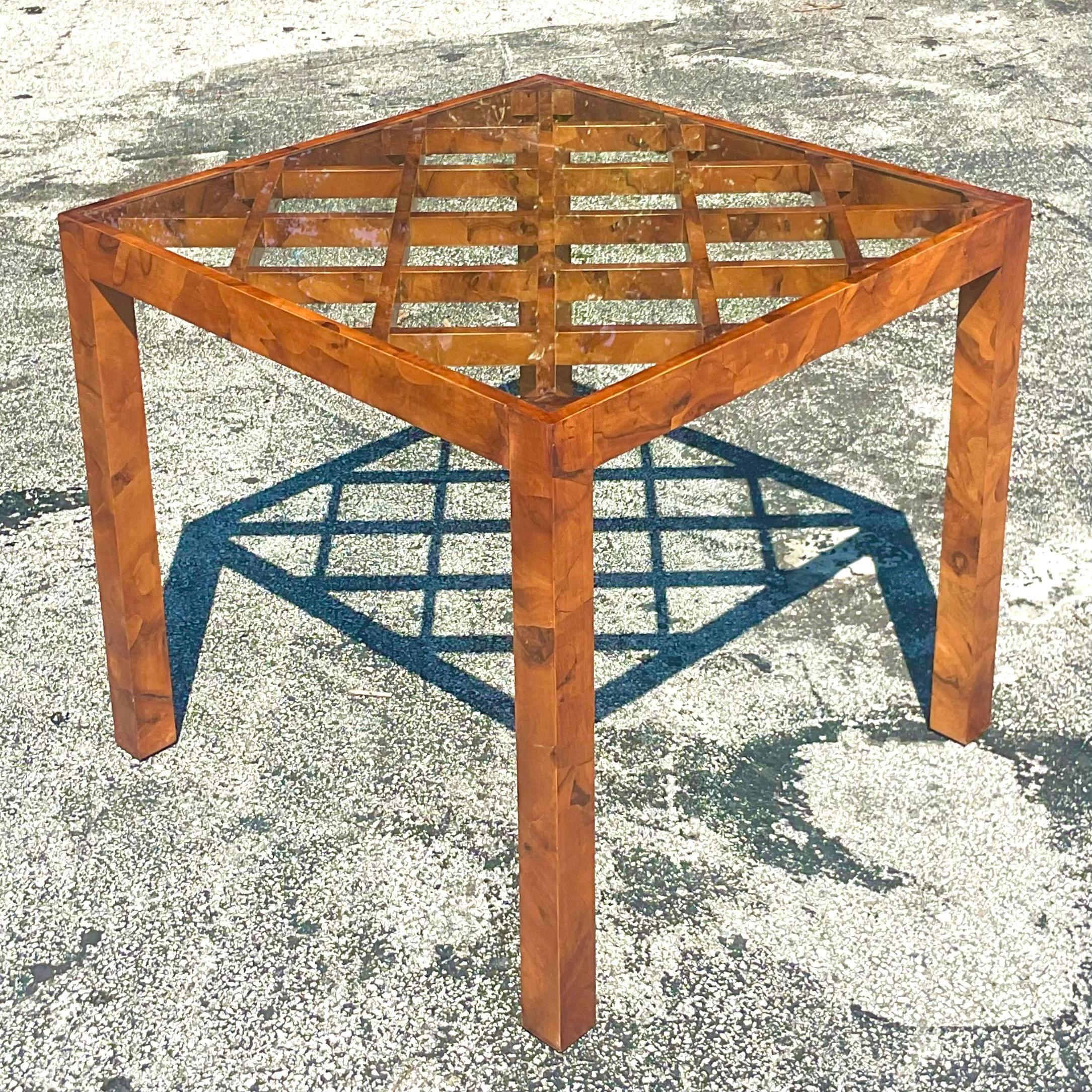 20th Century Vintage Boho Italian Burl Wood Trellis Game Table For Sale