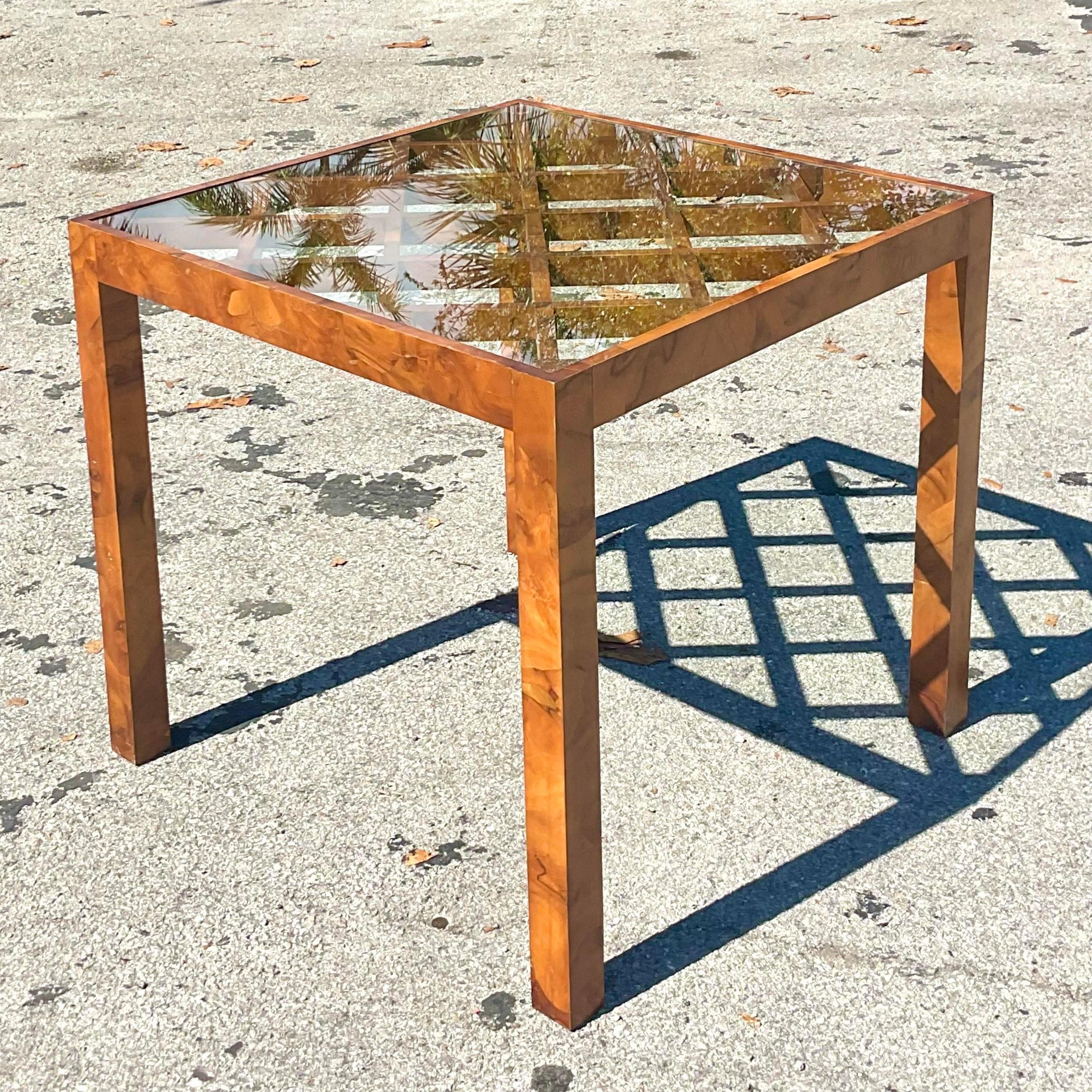 Vintage Boho Italian Burl Wood Trellis Game Table In Good Condition For Sale In west palm beach, FL