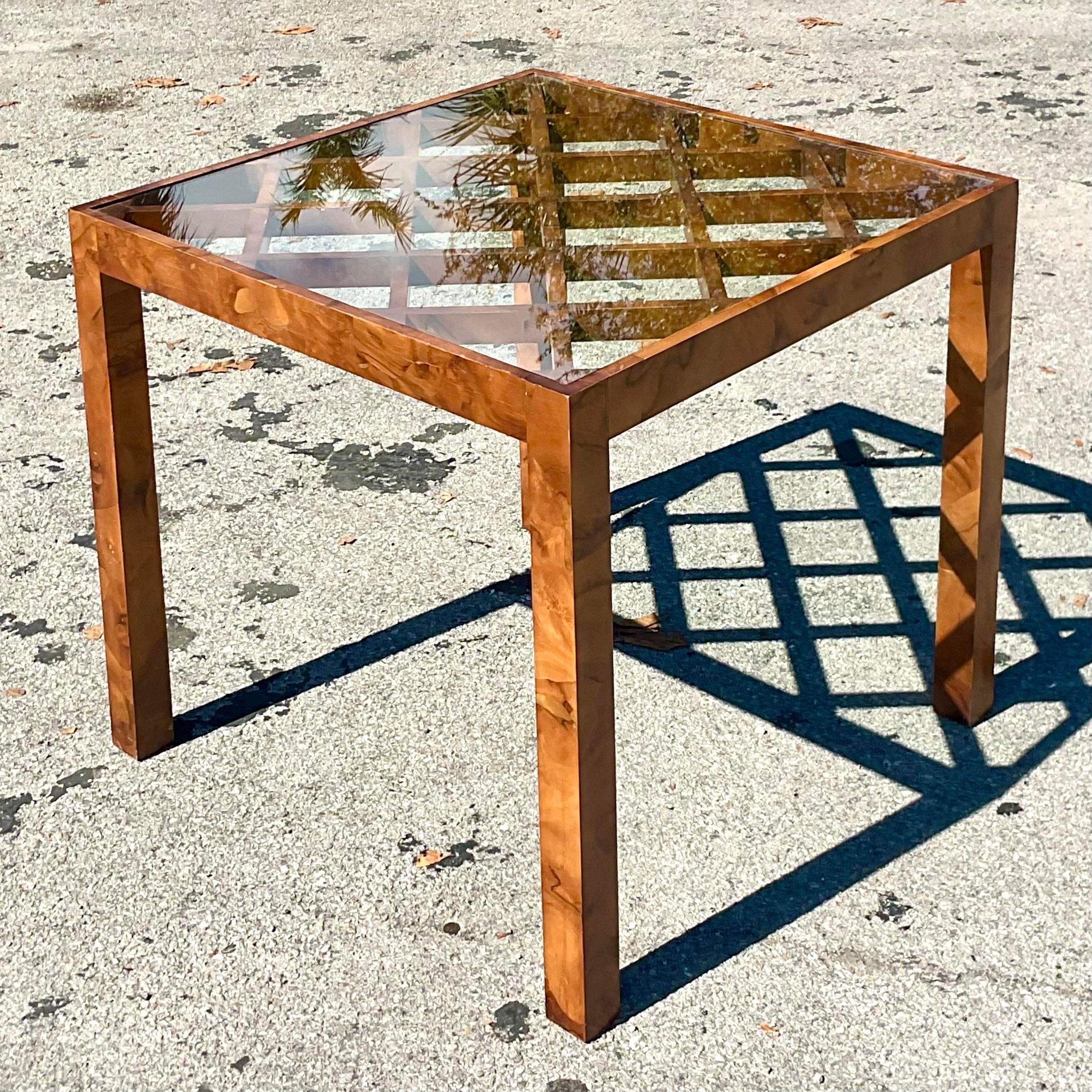 Glass Vintage Boho Italian Burl Wood Trellis Game Table For Sale