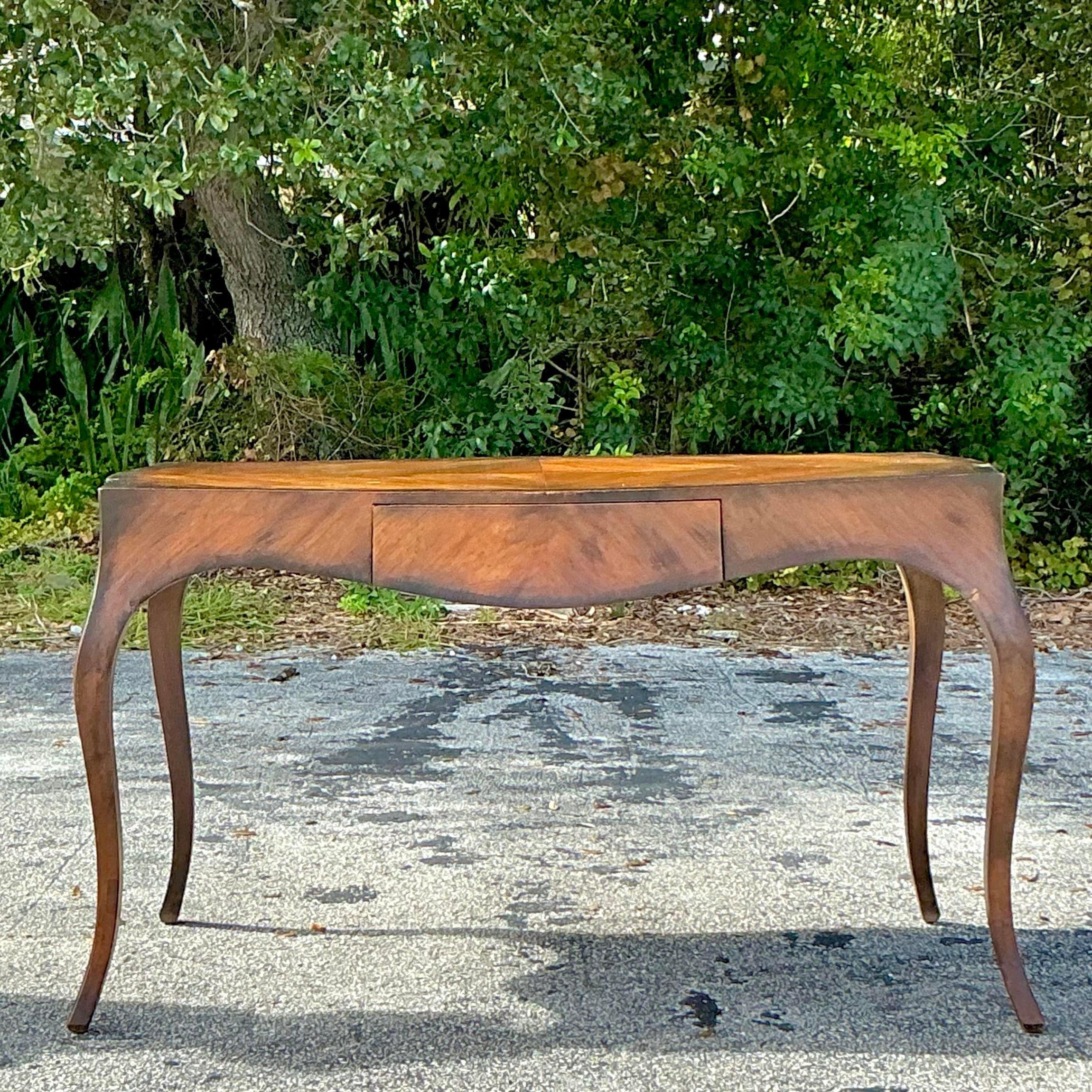 Scrivania vintage in legno di radica italiano Boho 2