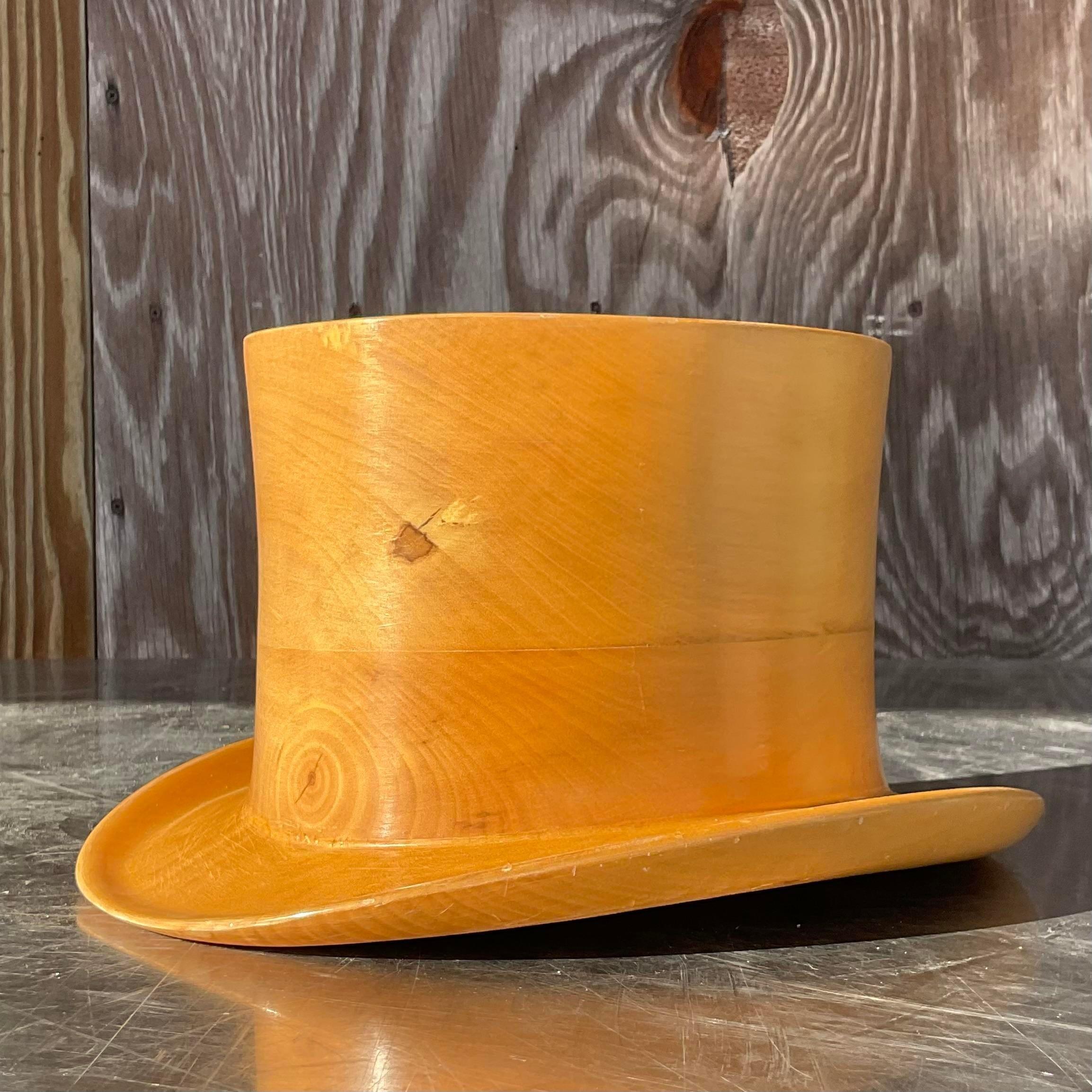Vintage Boho Italian Carved Wood Top Hat For Sale 3