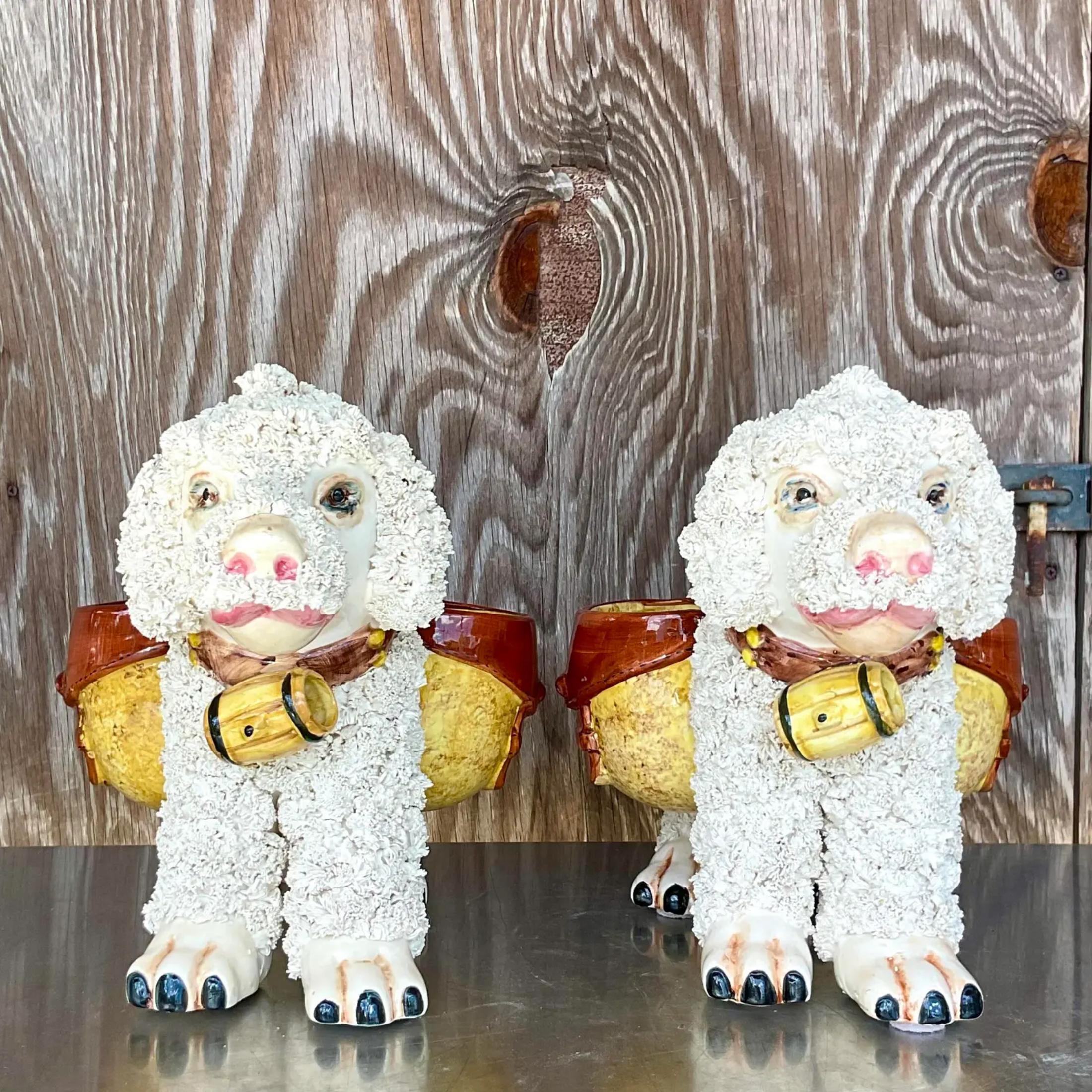 Vintage Boho Italian Ceramic Dog Planters - a Pair In Good Condition In west palm beach, FL