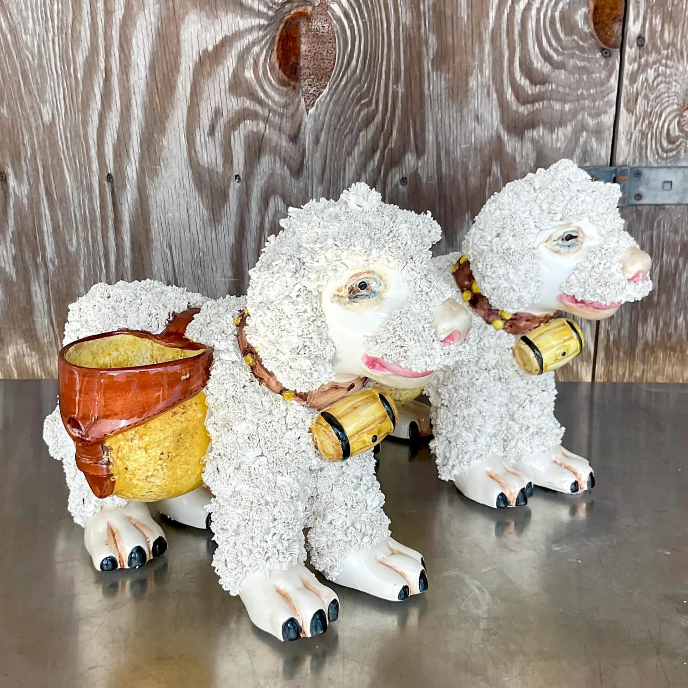 17th Century Vintage Boho Italian Ceramic Dog Planters - a Pair