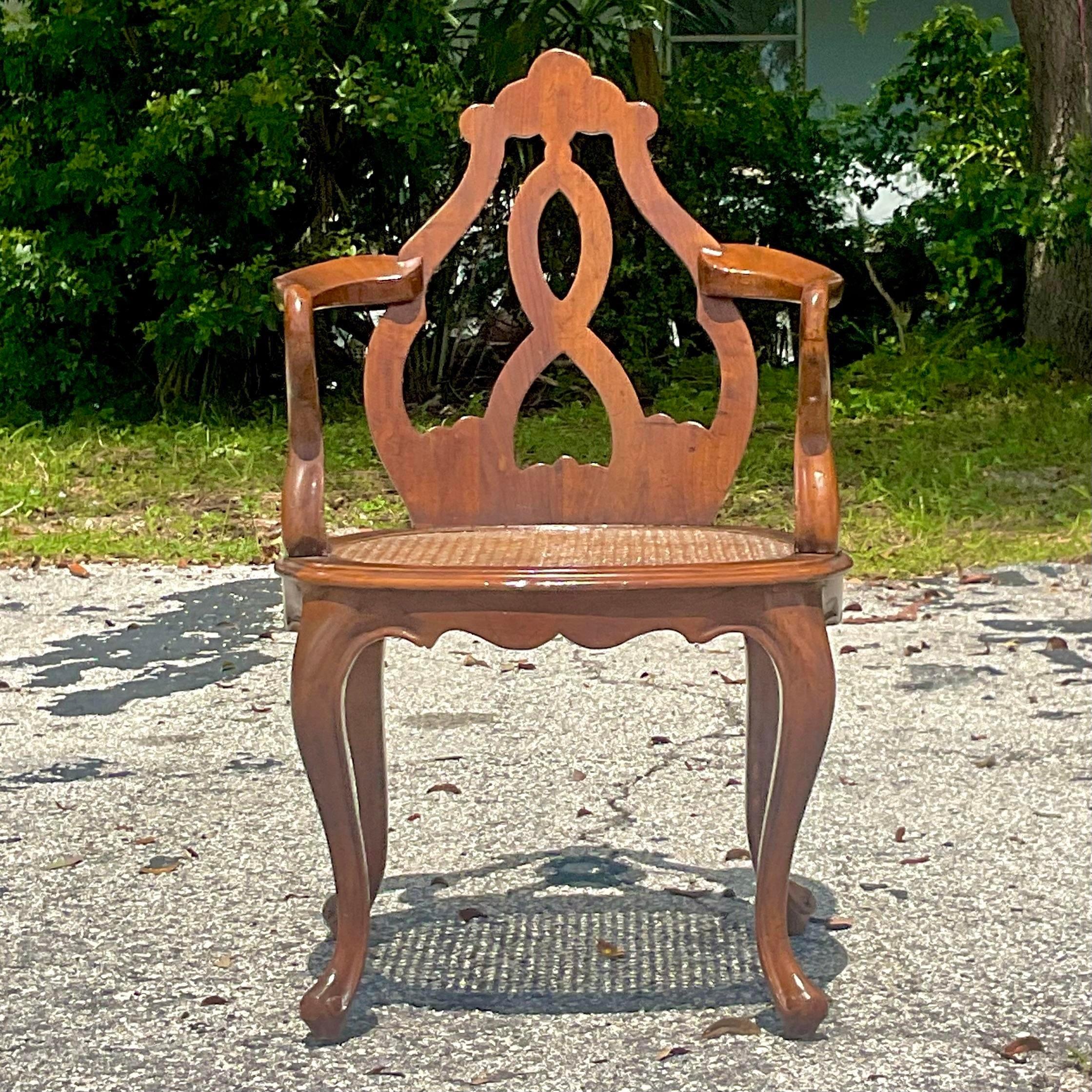 Vintage Boho Italian Fruitwood Venetian Style Cane Chair For Sale 6